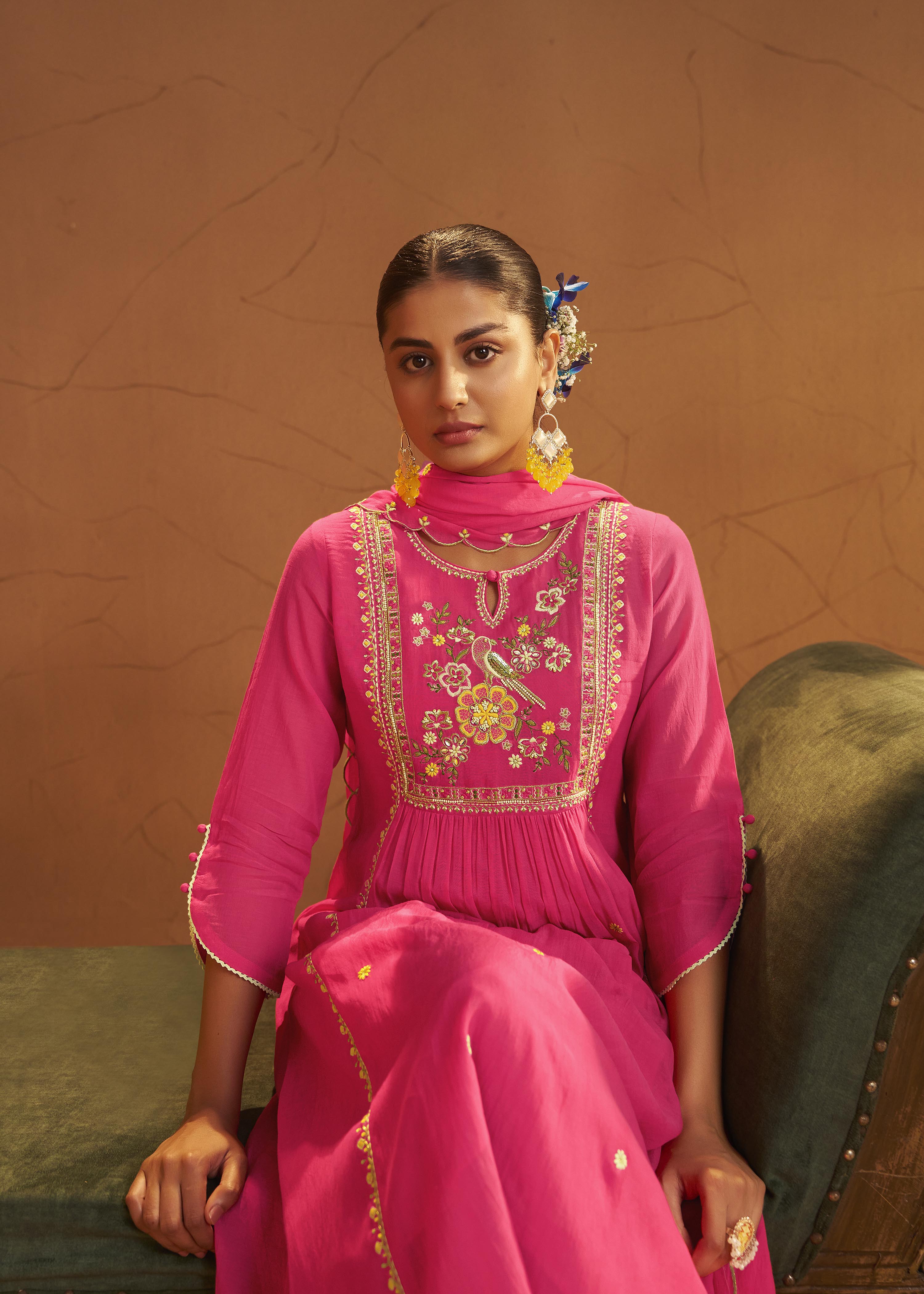 Pink Mul Chanderi Embroidery Kurta Set with Scallop Dupatta