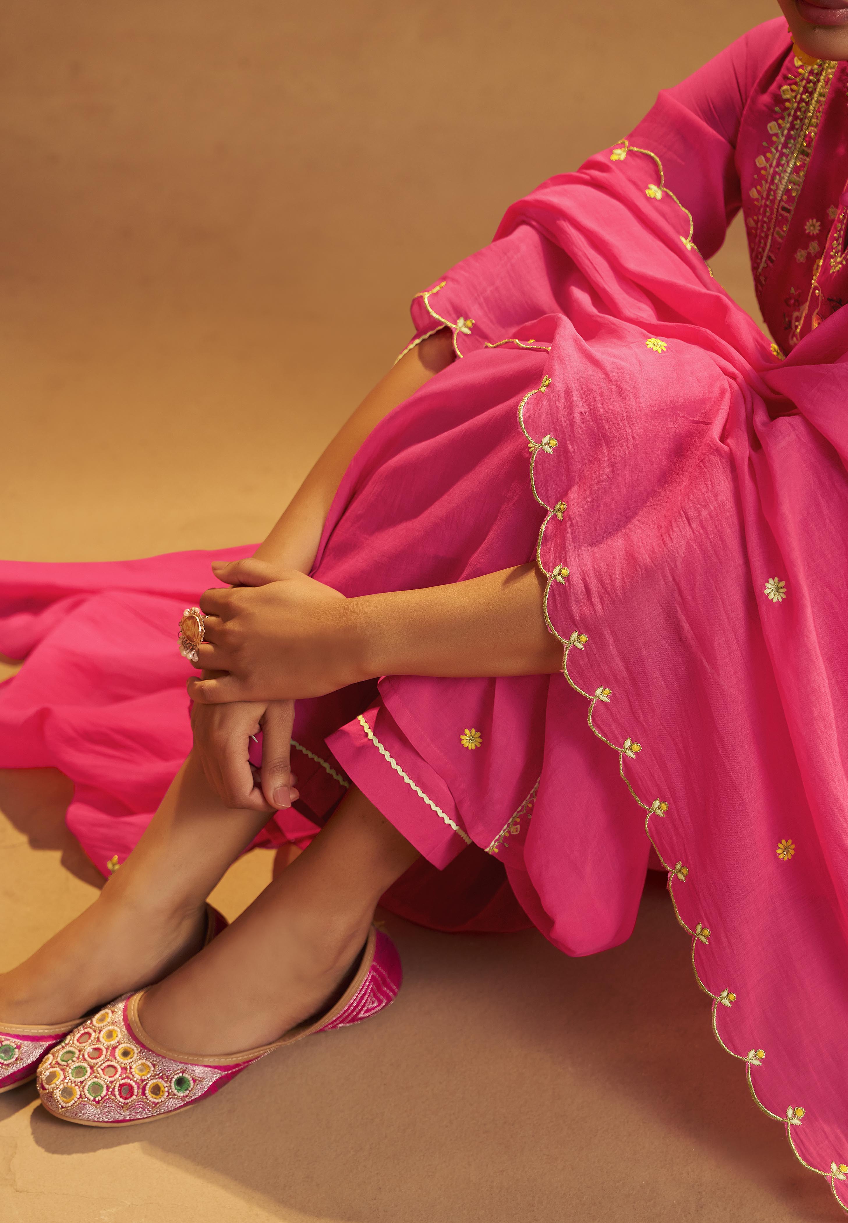 Pink Mul Chanderi Embroidery Kurta Set with Scallop Dupatta