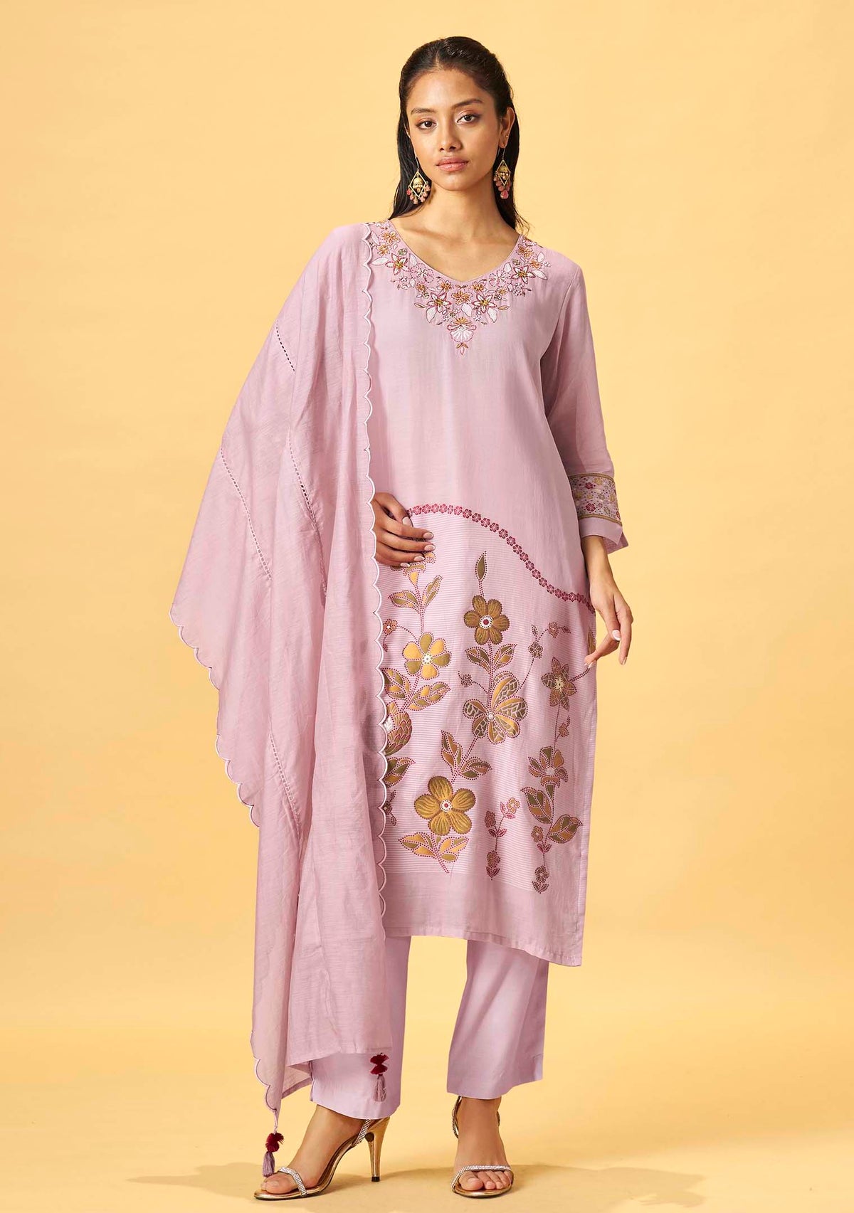 Lavender Linen Jacquard Kurta Set with Embroidered Dupatta