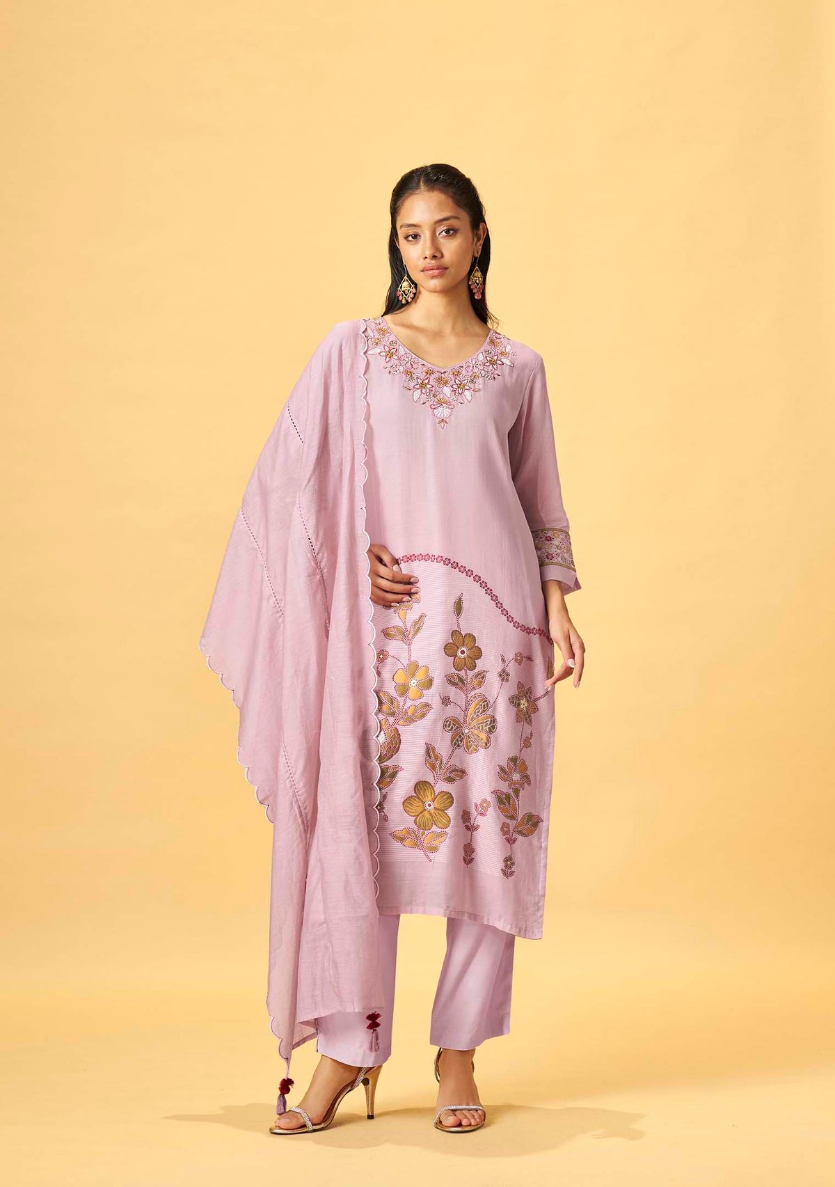 Lavender Linen Jacquard Kurta Set with Embroidered Dupatta