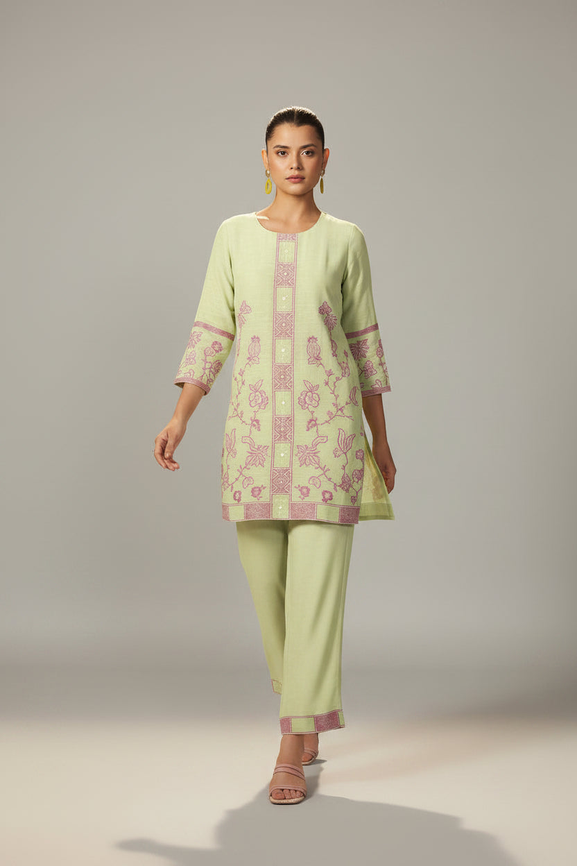 Pistachio Green Linen Jacquard Co-ord Set