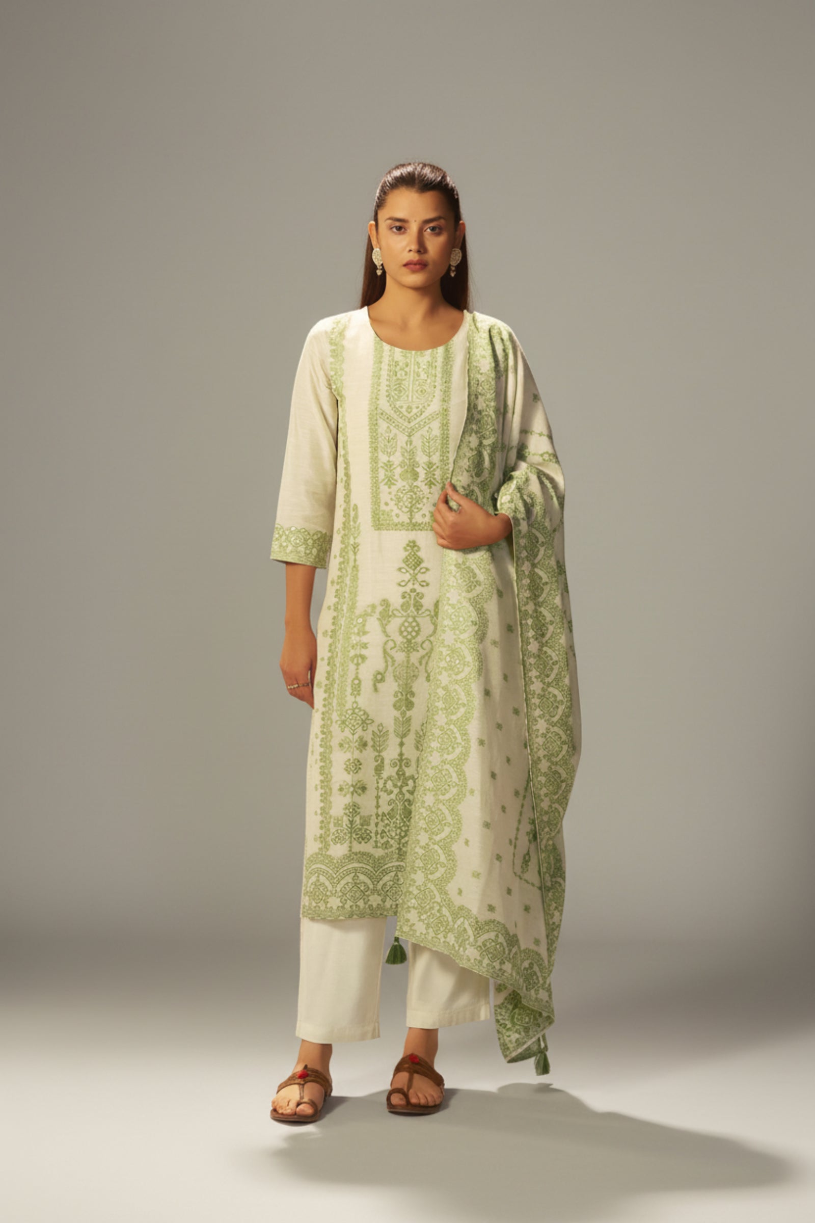 Premium Beige Linen Pakistani Jacquard Kurti Set with Handwork
