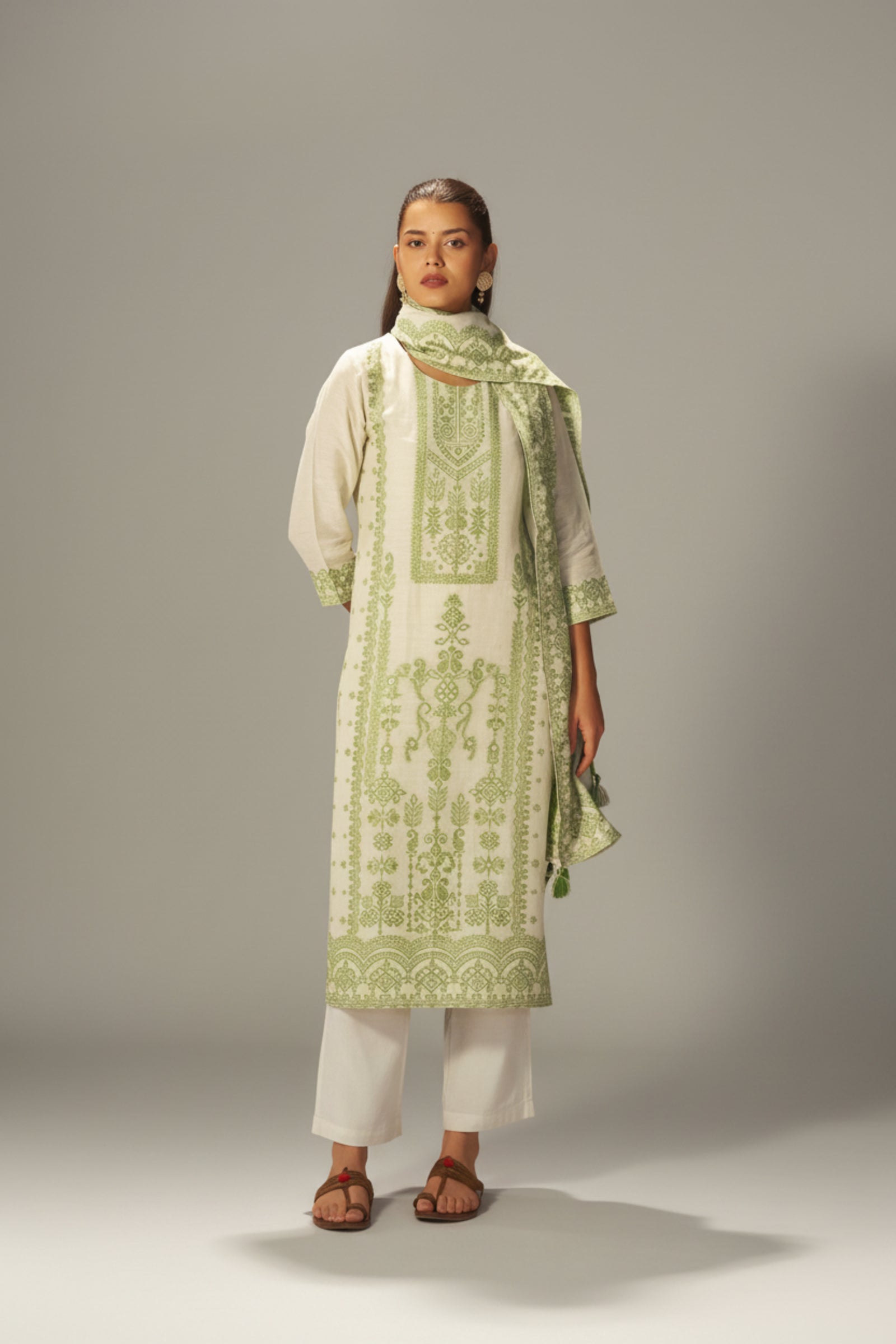 Premium Beige Linen Pakistani Jacquard Kurti Set with Handwork