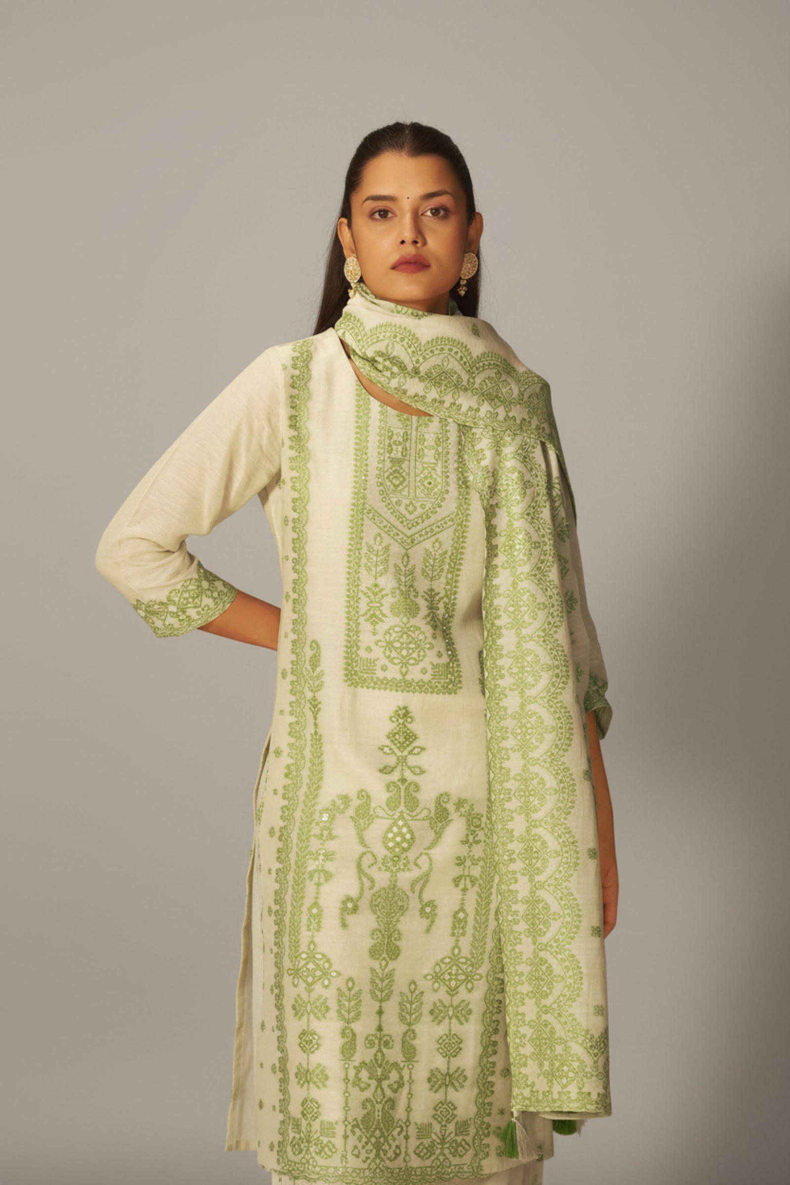 Premium Beige Linen Pakistani Jacquard Kurti Set with Handwork