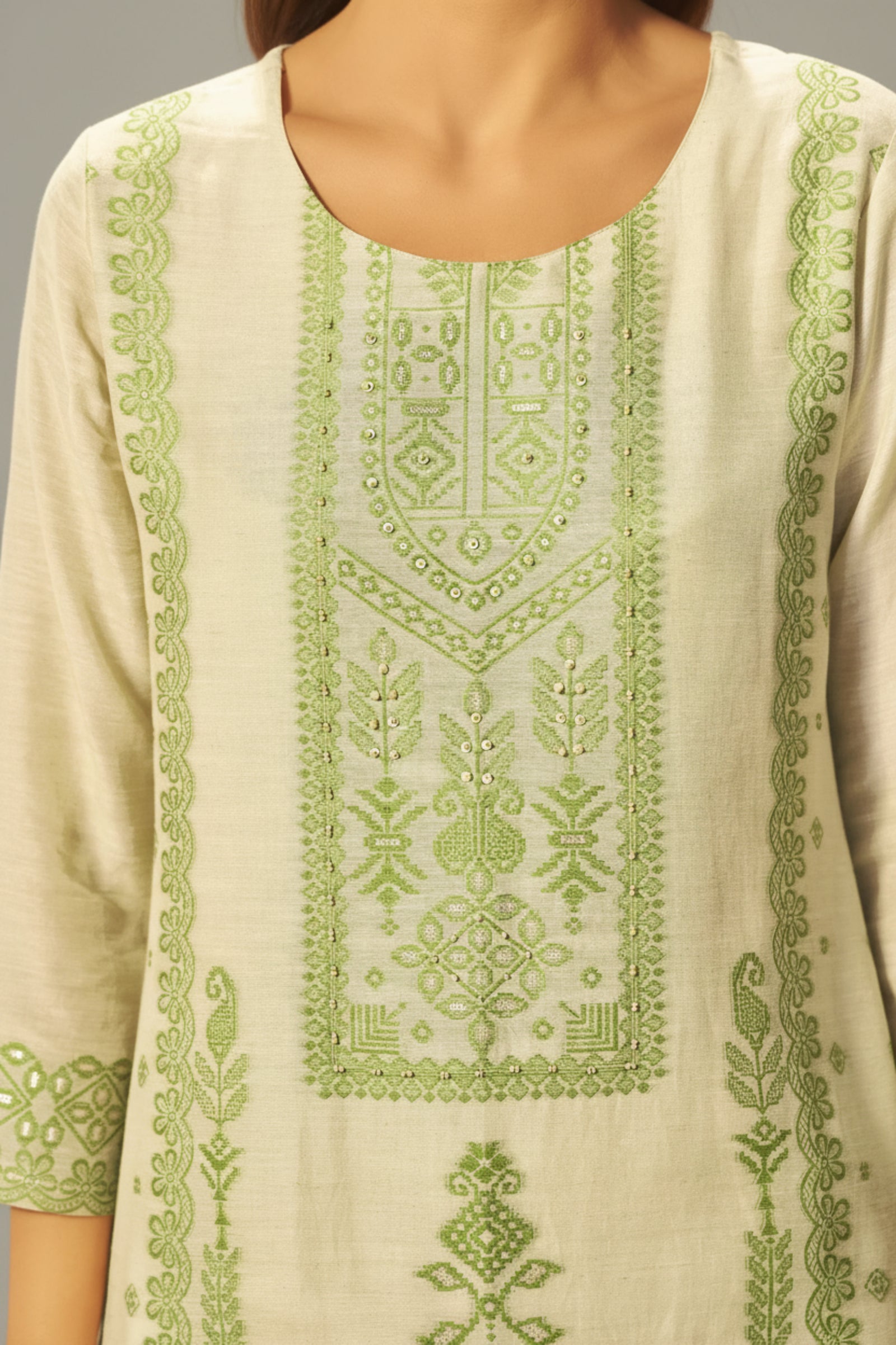 Premium Beige Linen Pakistani Jacquard Kurti Set with Handwork