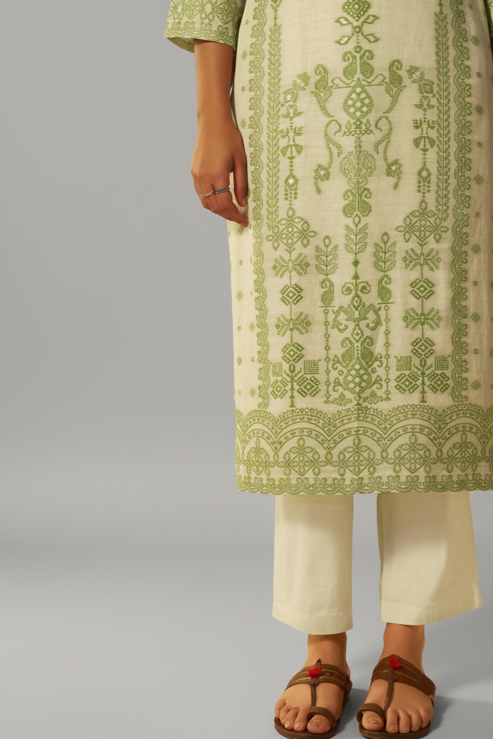 Premium Beige Linen Pakistani Jacquard Kurti Set with Handwork