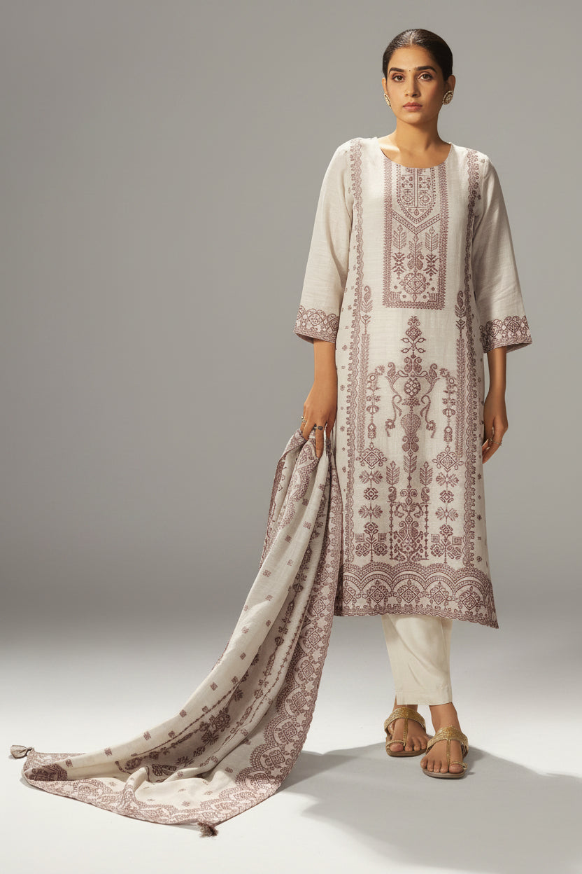 Beige Linen Pakistani Jacquard Set with Handwork