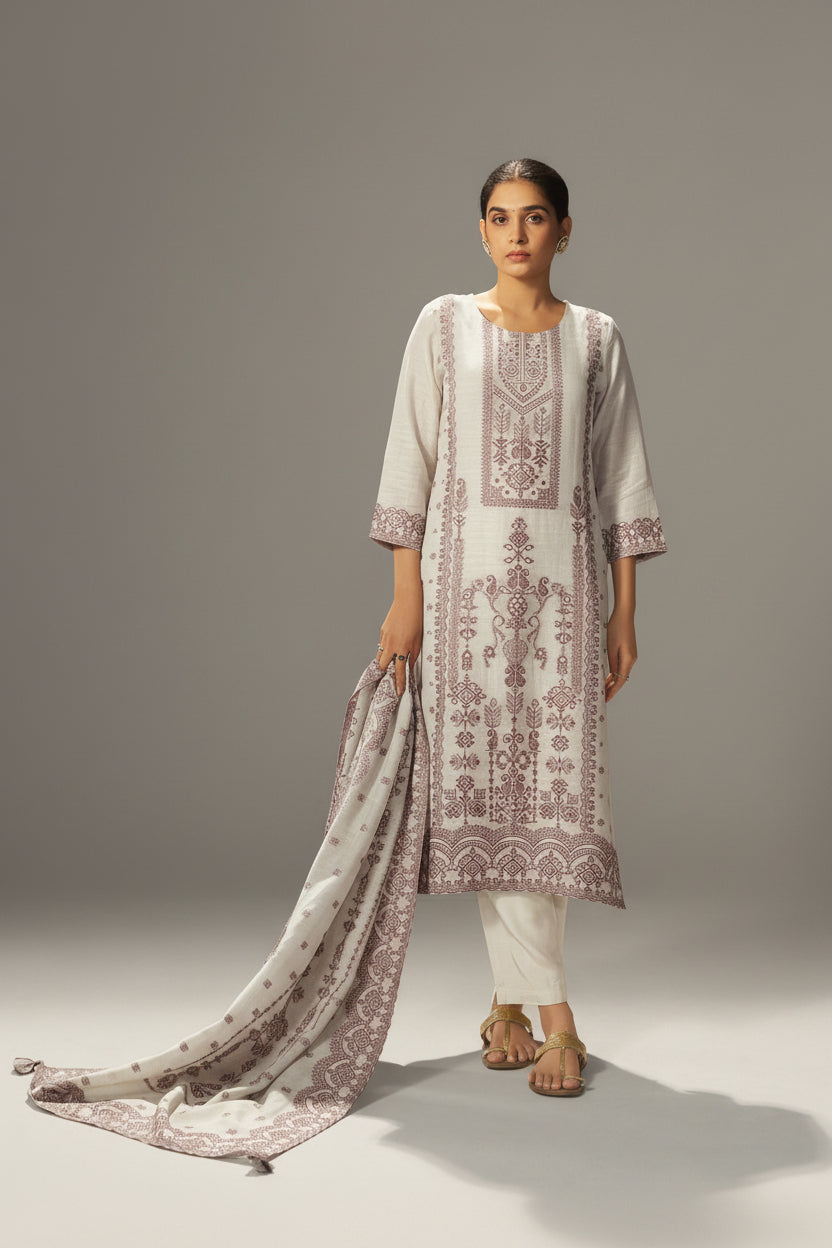 Beige Linen Pakistani Jacquard Set with Handwork
