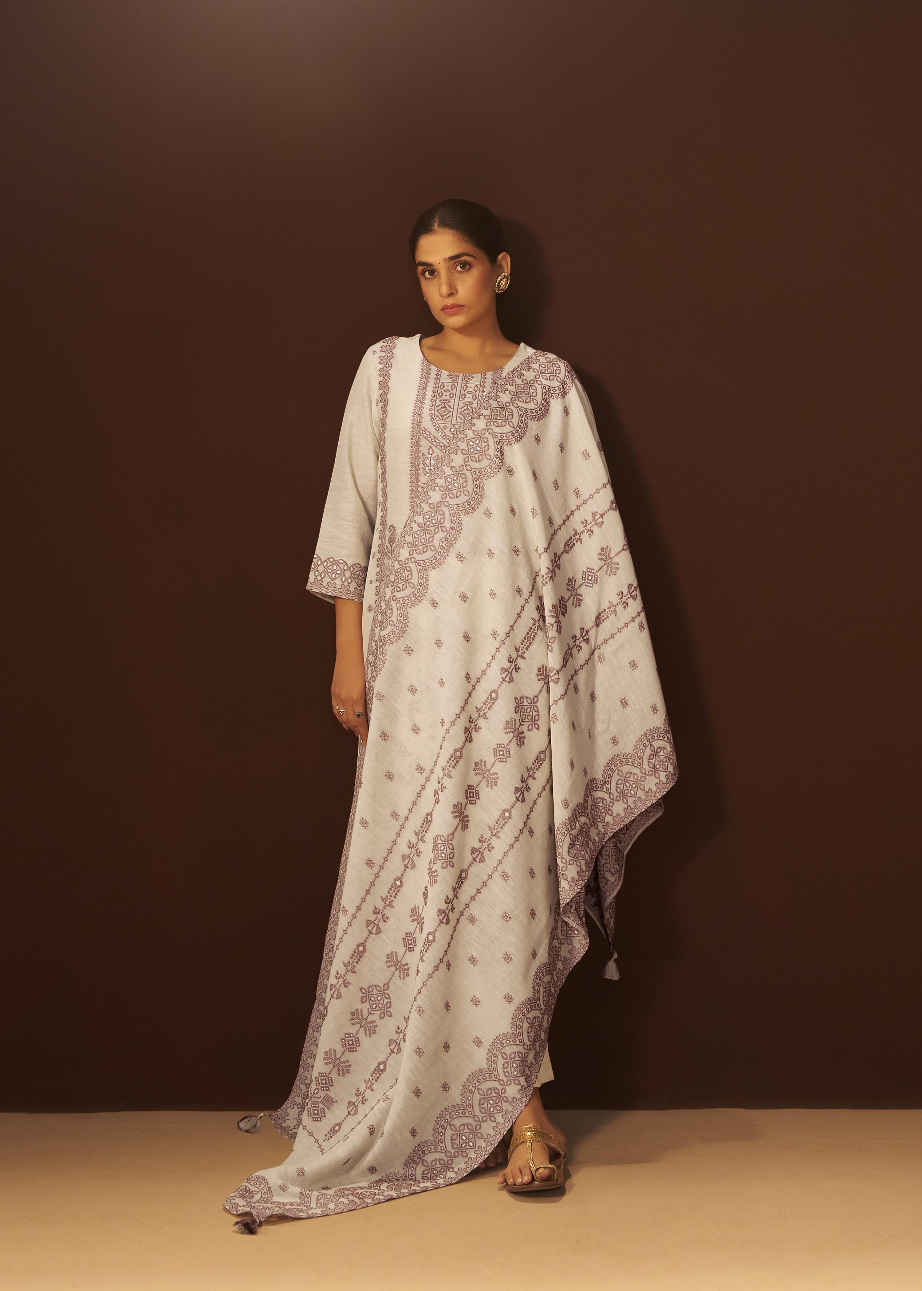 Beige Linen Pakistani Jacquard Set with Handwork