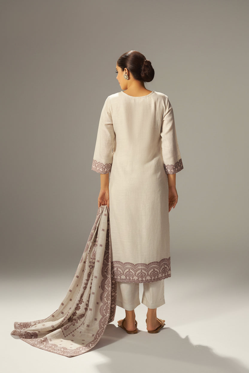 Beige Linen Pakistani Jacquard Set with Handwork