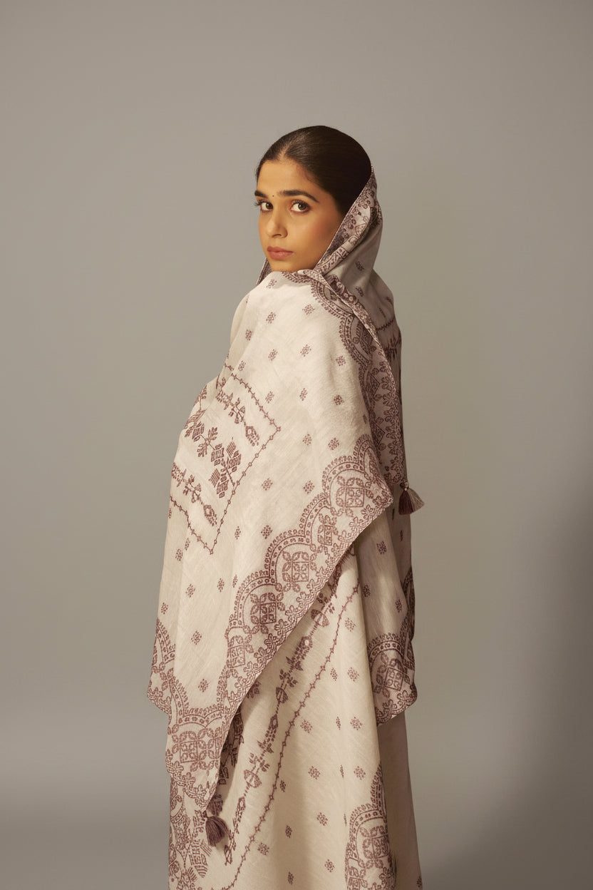 Beige Linen Pakistani Jacquard Set with Handwork