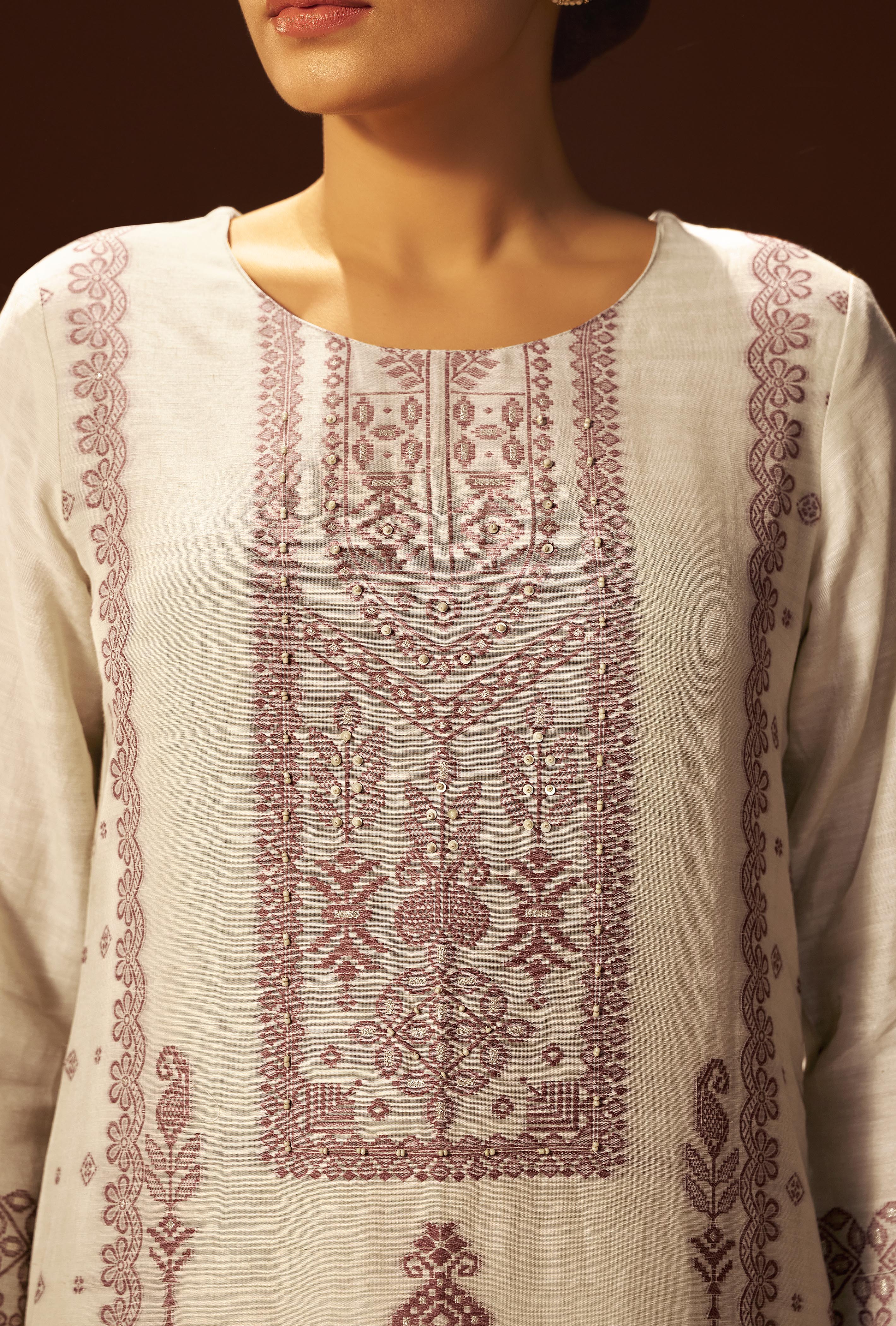 Beige Linen Pakistani Jacquard Set with Handwork