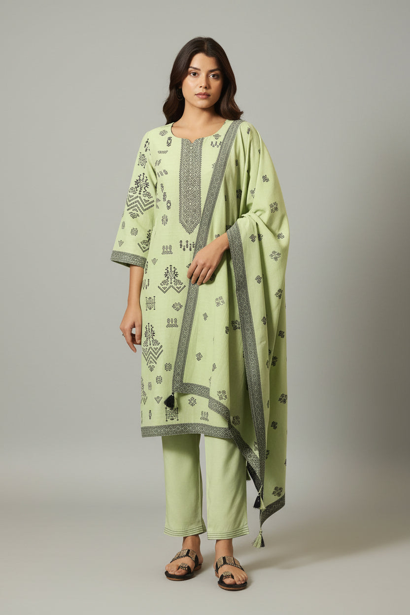 Green Linen Jacquard Set with Handwork