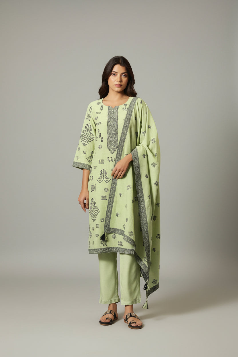 Green Linen Jacquard Set with Handwork