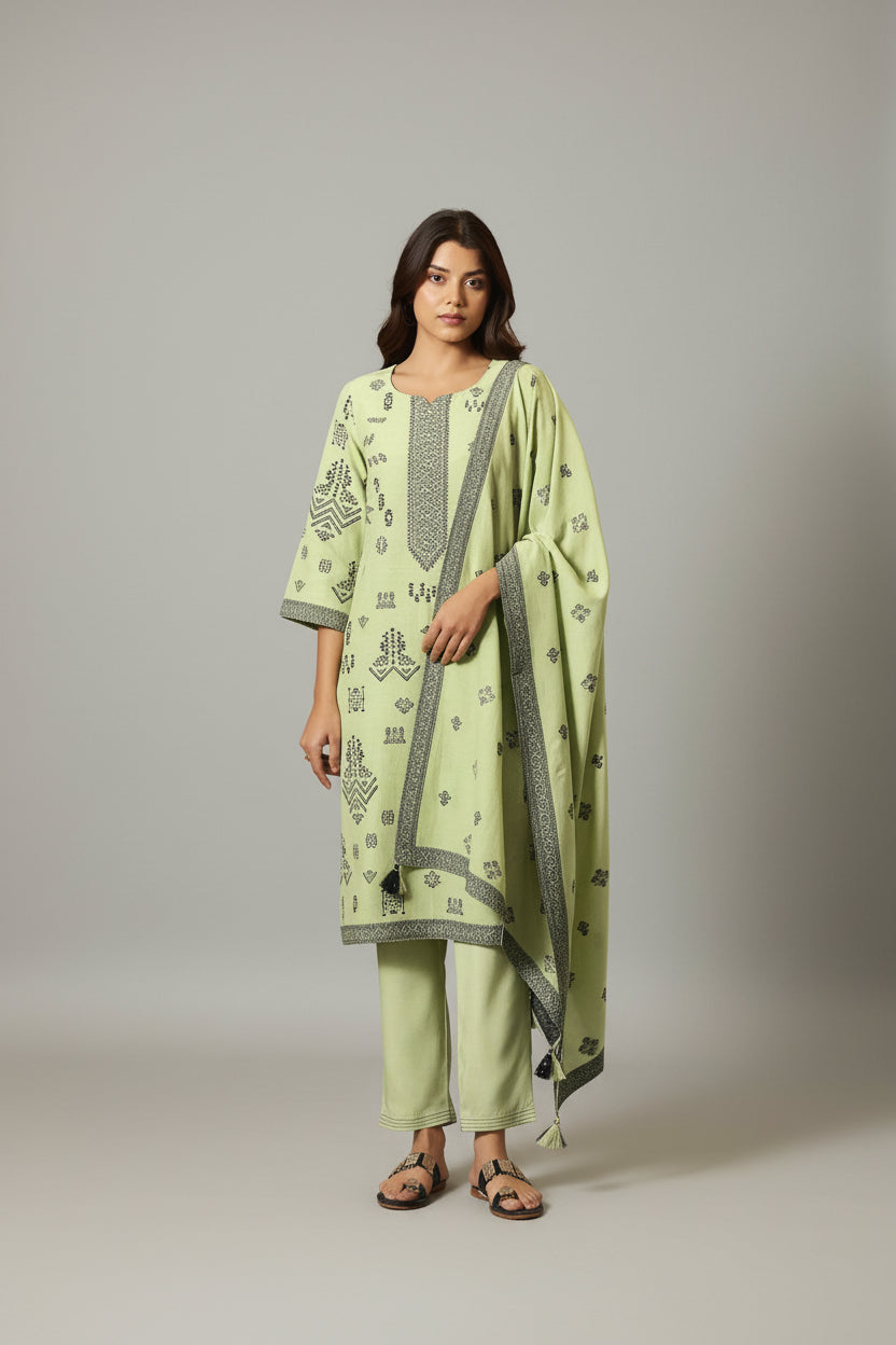 Green Linen Jacquard Set with Handwork