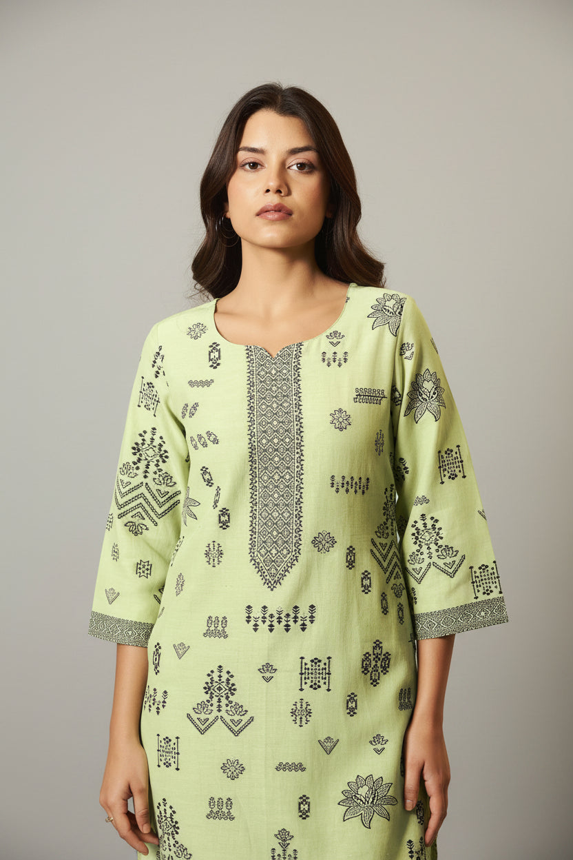 Green Linen Jacquard Set with Handwork