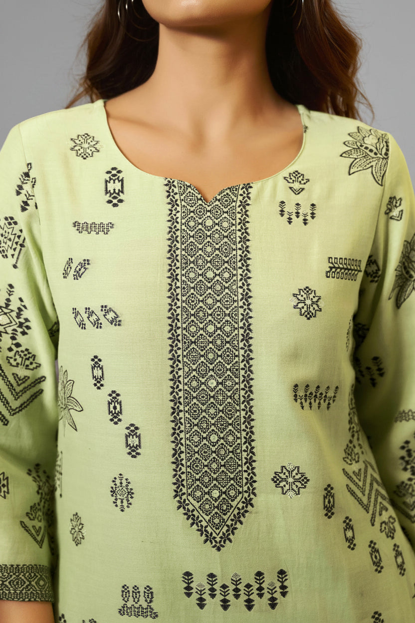 Green Linen Jacquard Set with Handwork
