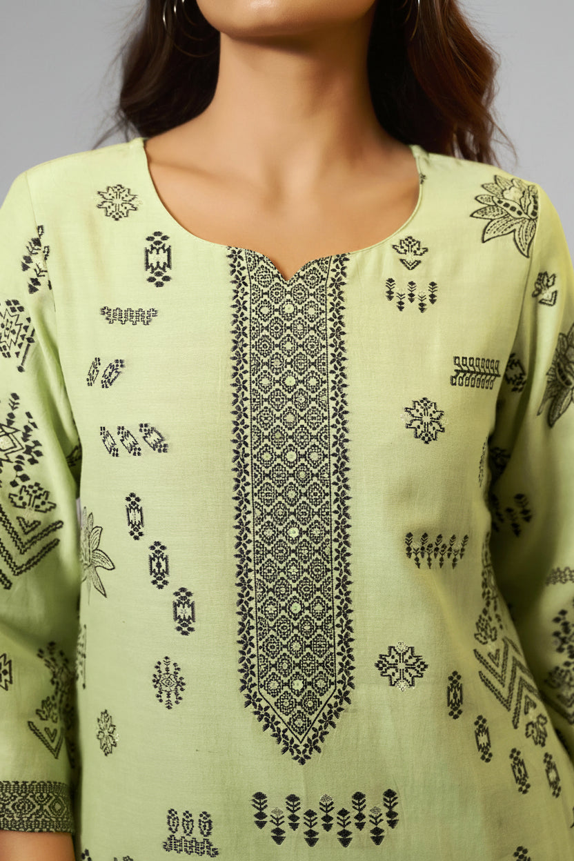 Green Linen Jacquard Set with Handwork