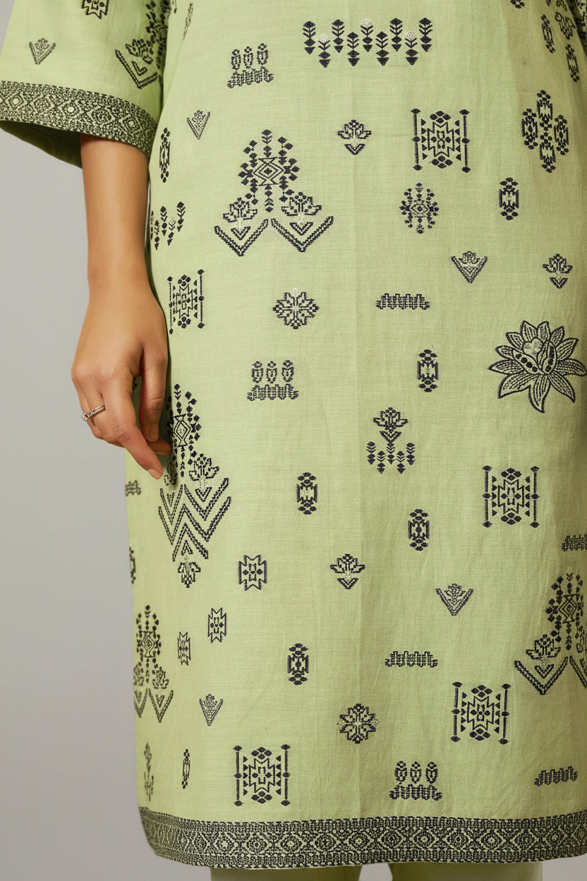 Green Linen Jacquard Set with Handwork