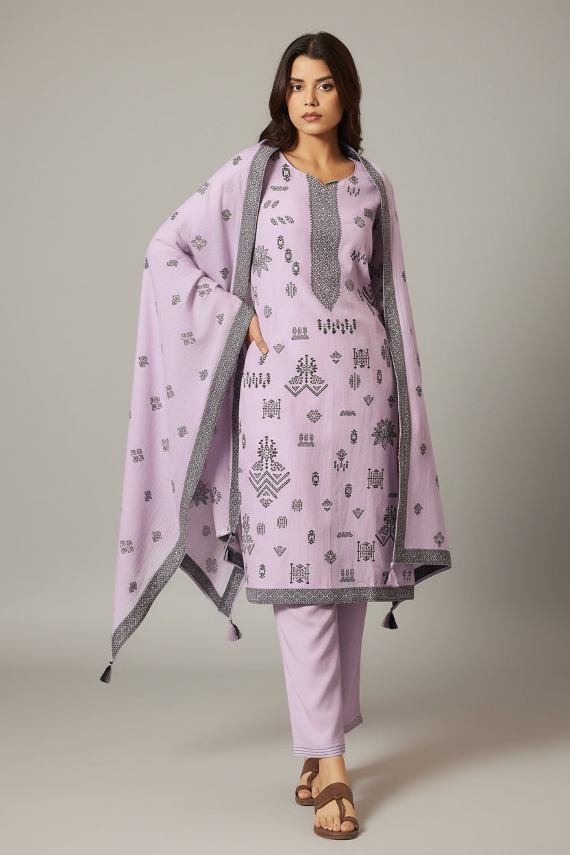 Lilac Whisper Viscose Linen Jacquard Kurta Set