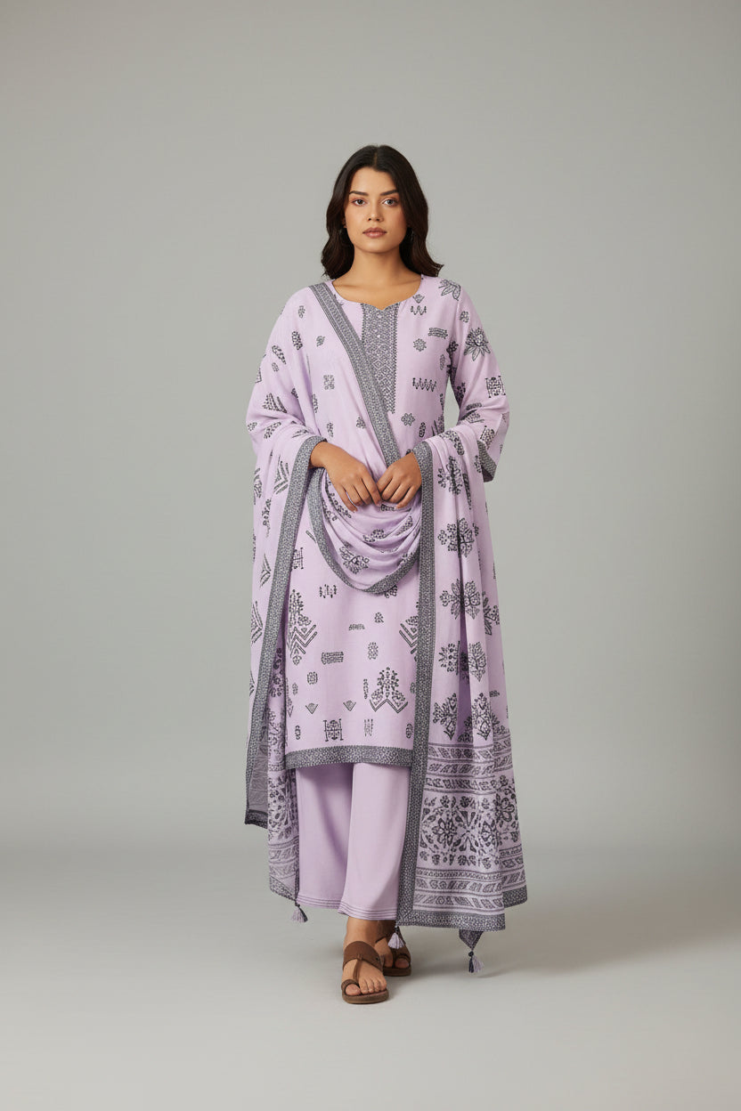 Lilac Whisper Viscose Linen Jacquard Kurta Set