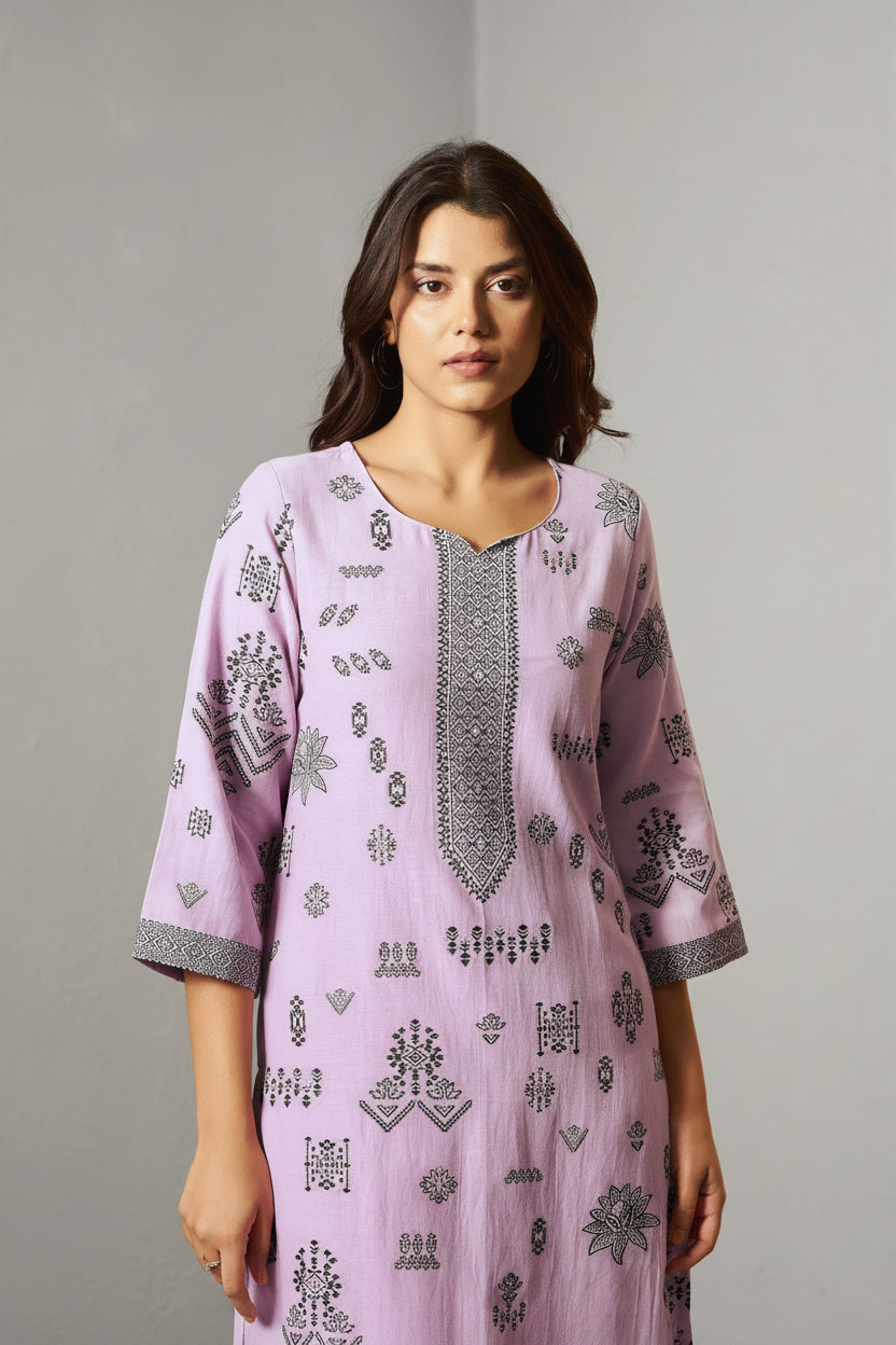 Lilac Whisper Viscose Linen Jacquard Kurta Set