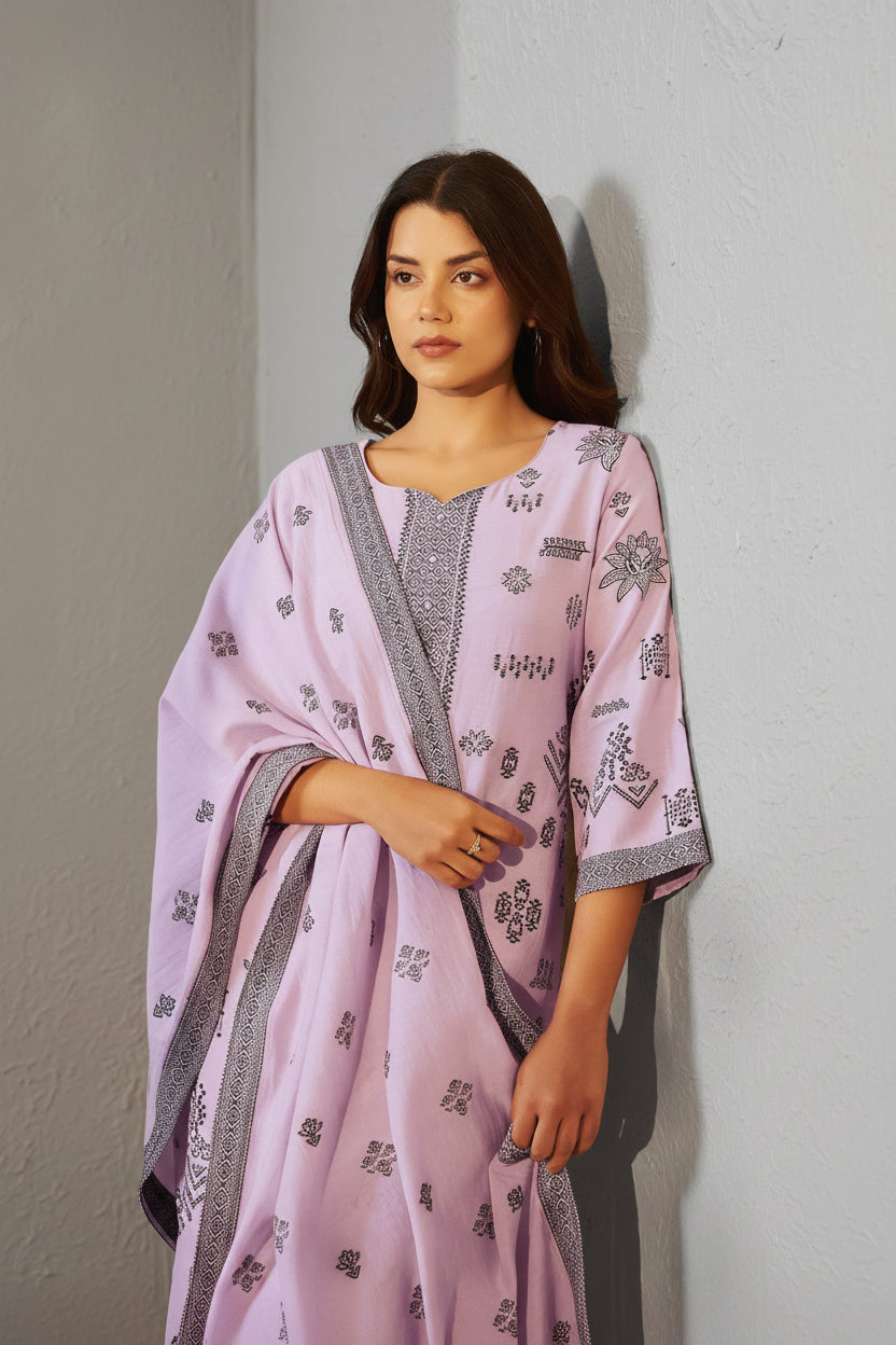 Lilac Whisper Viscose Linen Jacquard Kurta Set