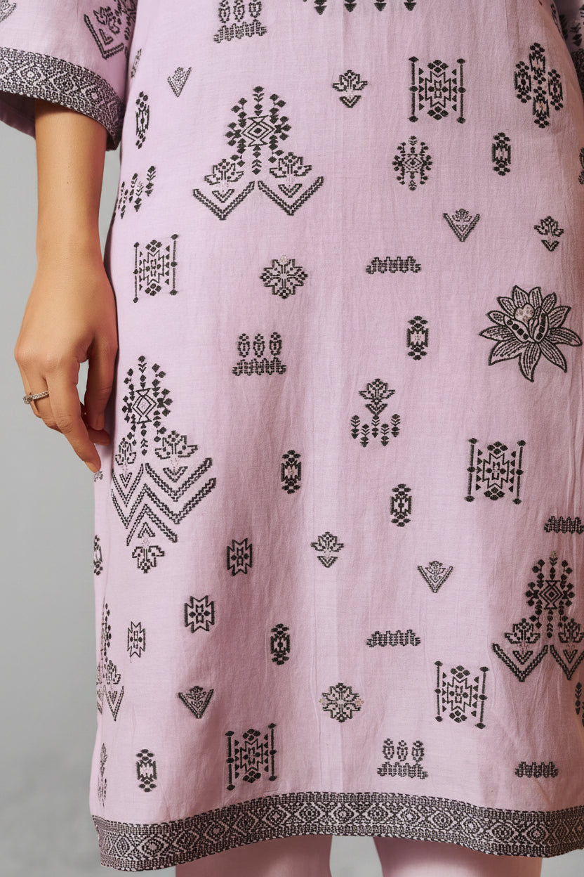 Lilac Whisper Viscose Linen Jacquard Kurta Set
