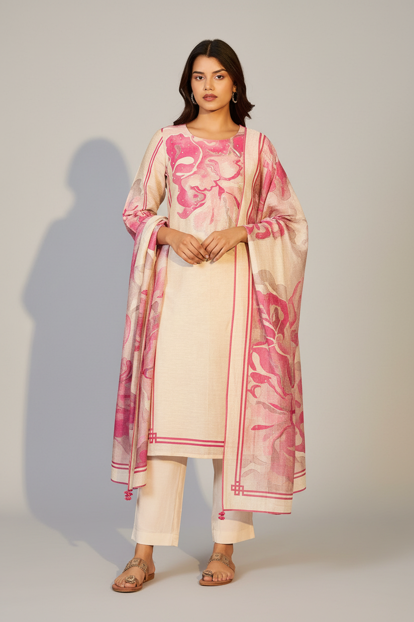 Beige Bloom Shimmer Linen Digital Print Kurta Set
