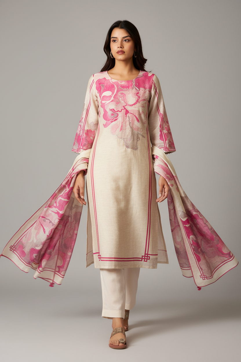 Beige Bloom Shimmer Linen Digital Print Kurta Set