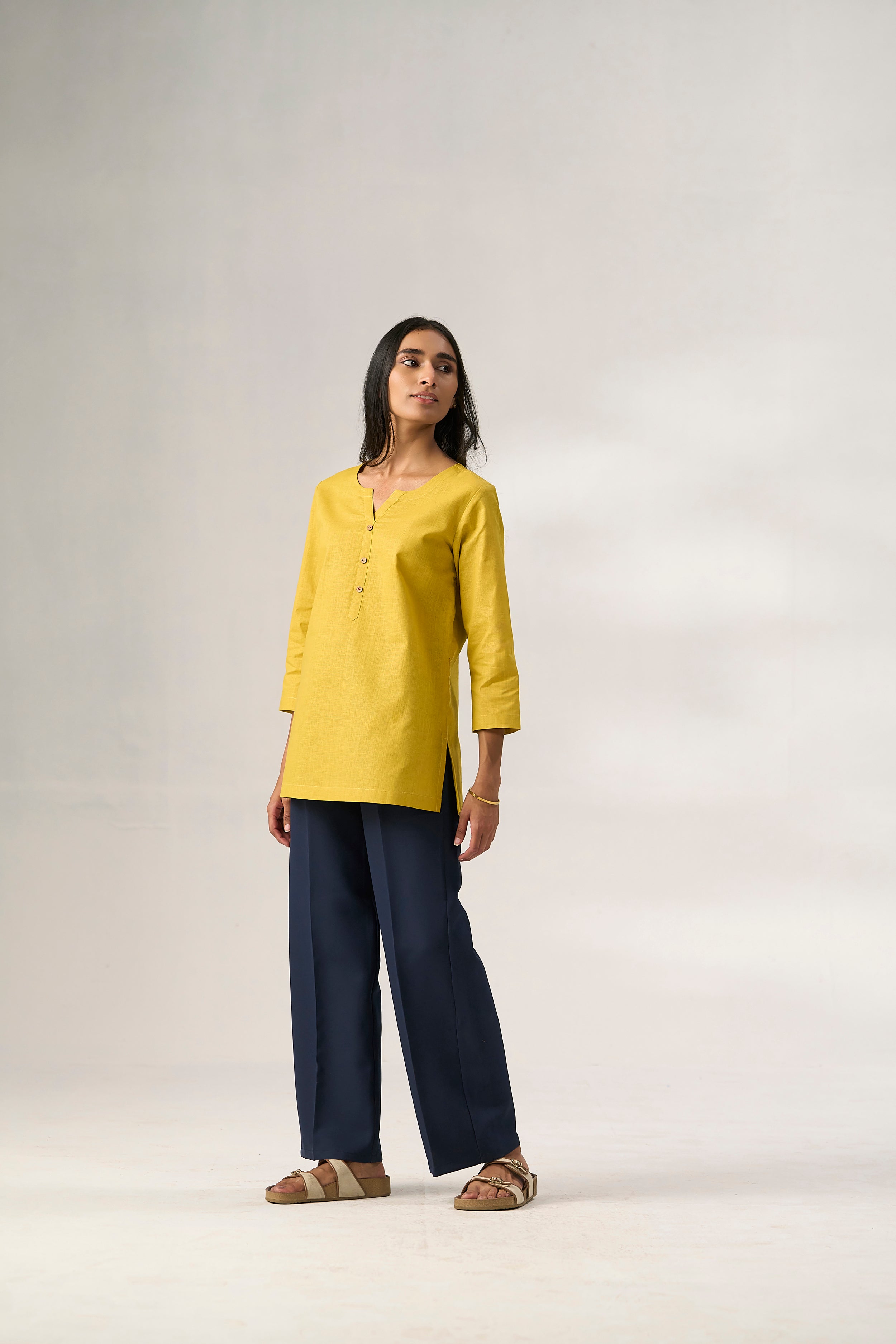 Yellow Cotton Linen Plain Tunic with Buttoning Details