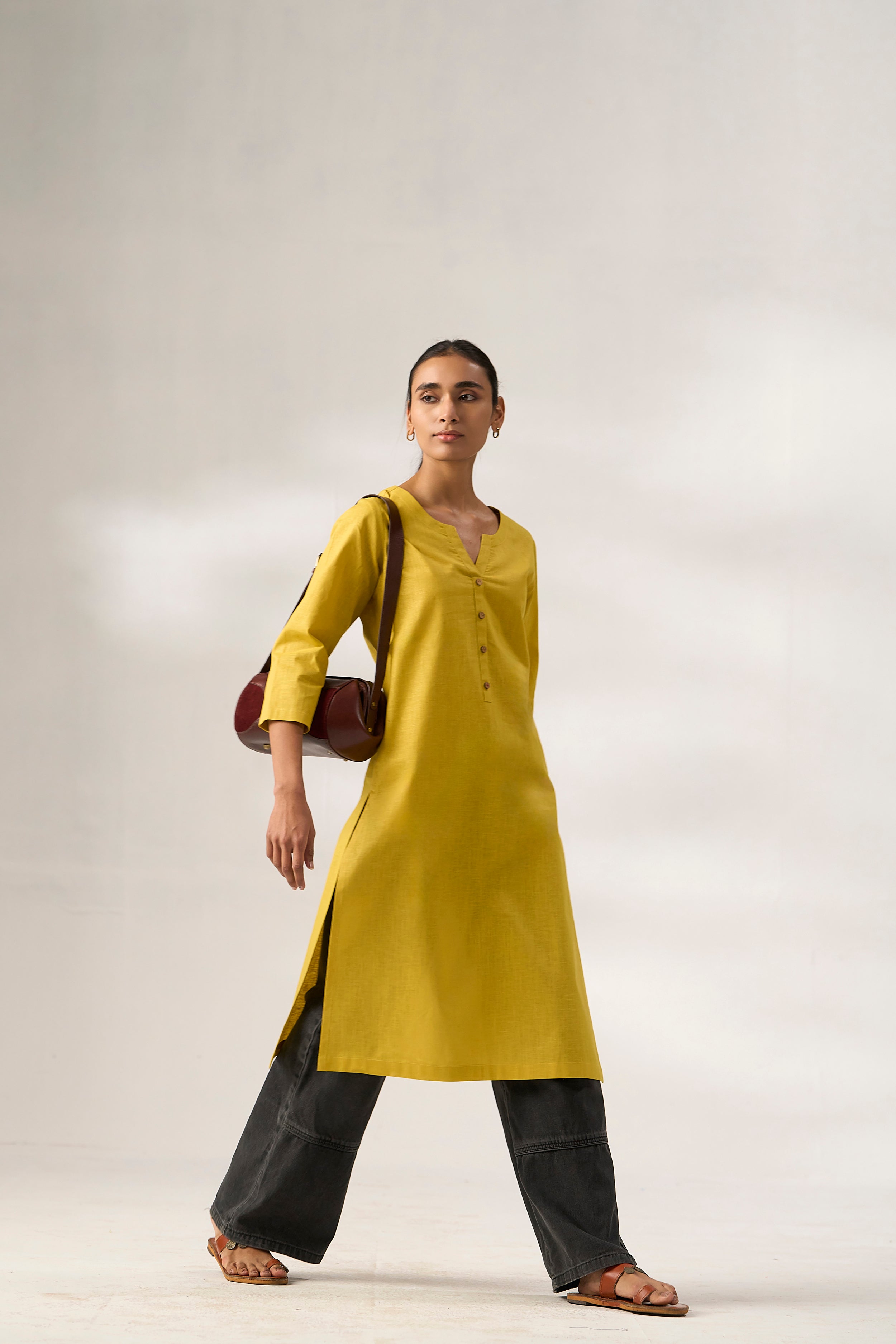 Yellow Cotton Linen Plain Kurti with Buttoning Details