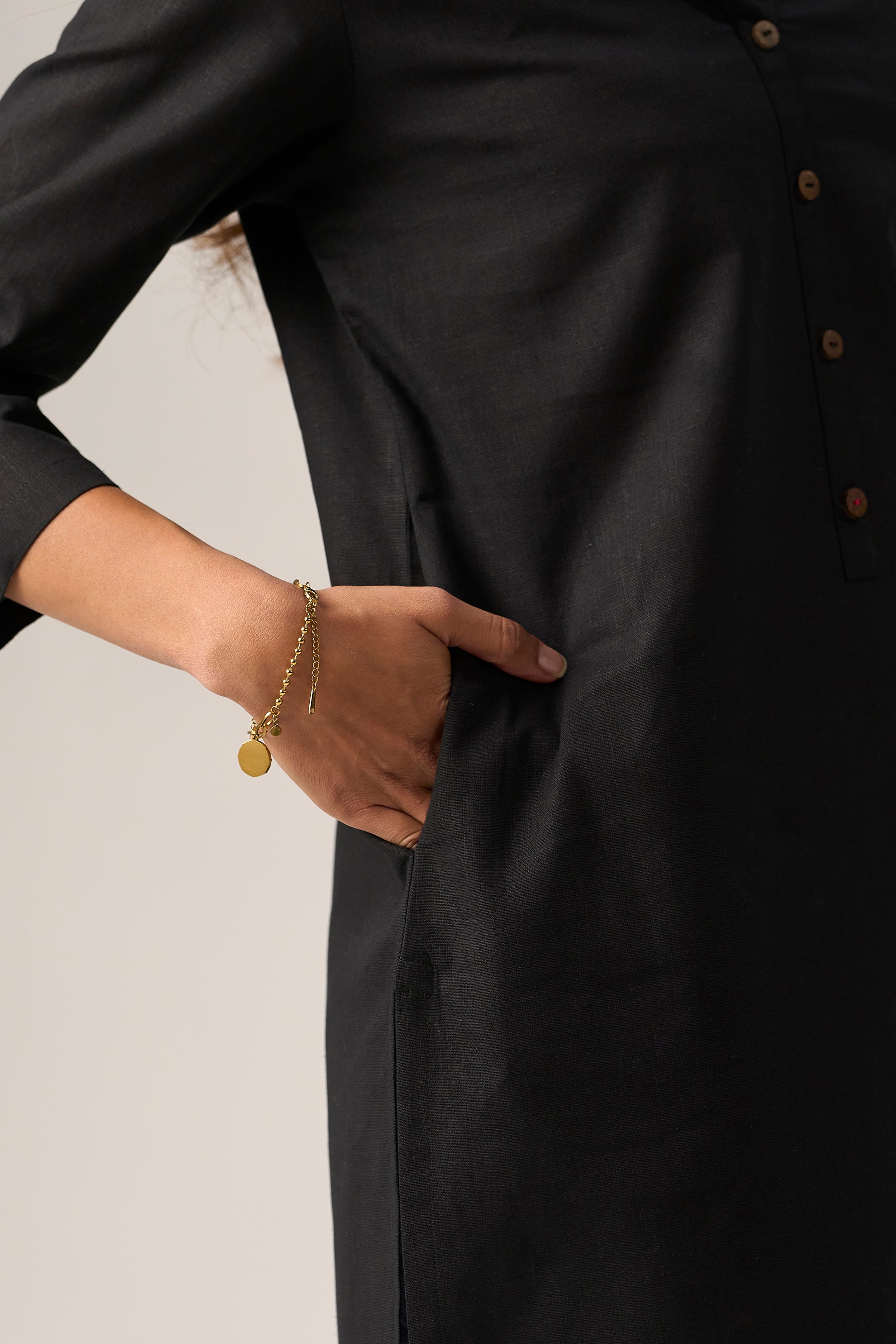 Black Cotton Linen Plain Kurti with Buttoning Details