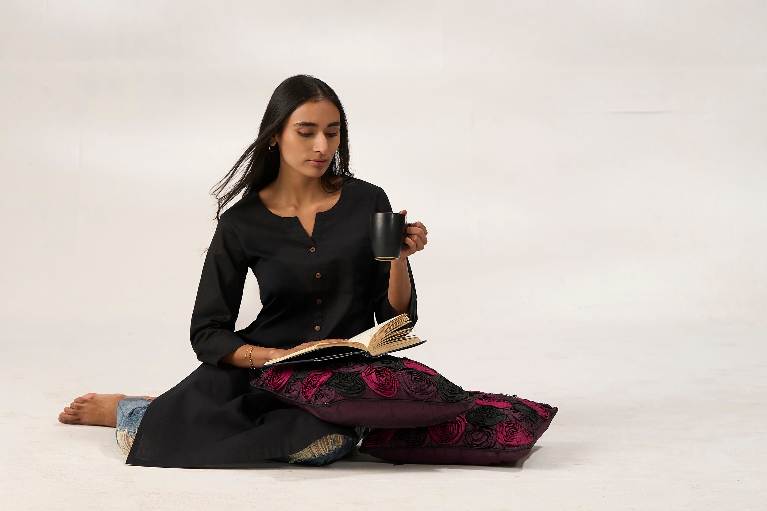 Black Cotton Linen Plain Kurti with Buttoning Details