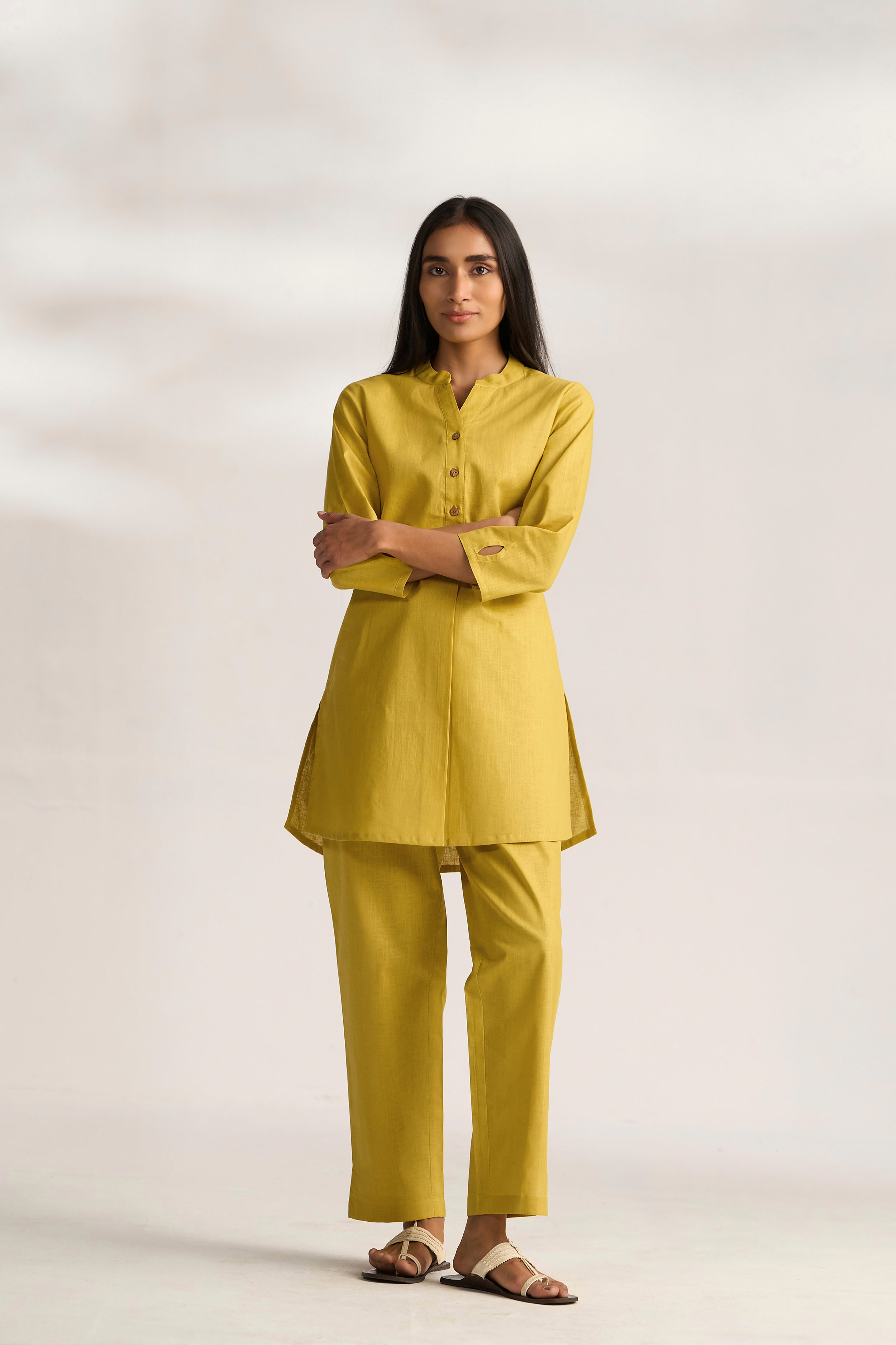 Yellow Cotton Linen Plain Co-ord Set with Buttoning Details