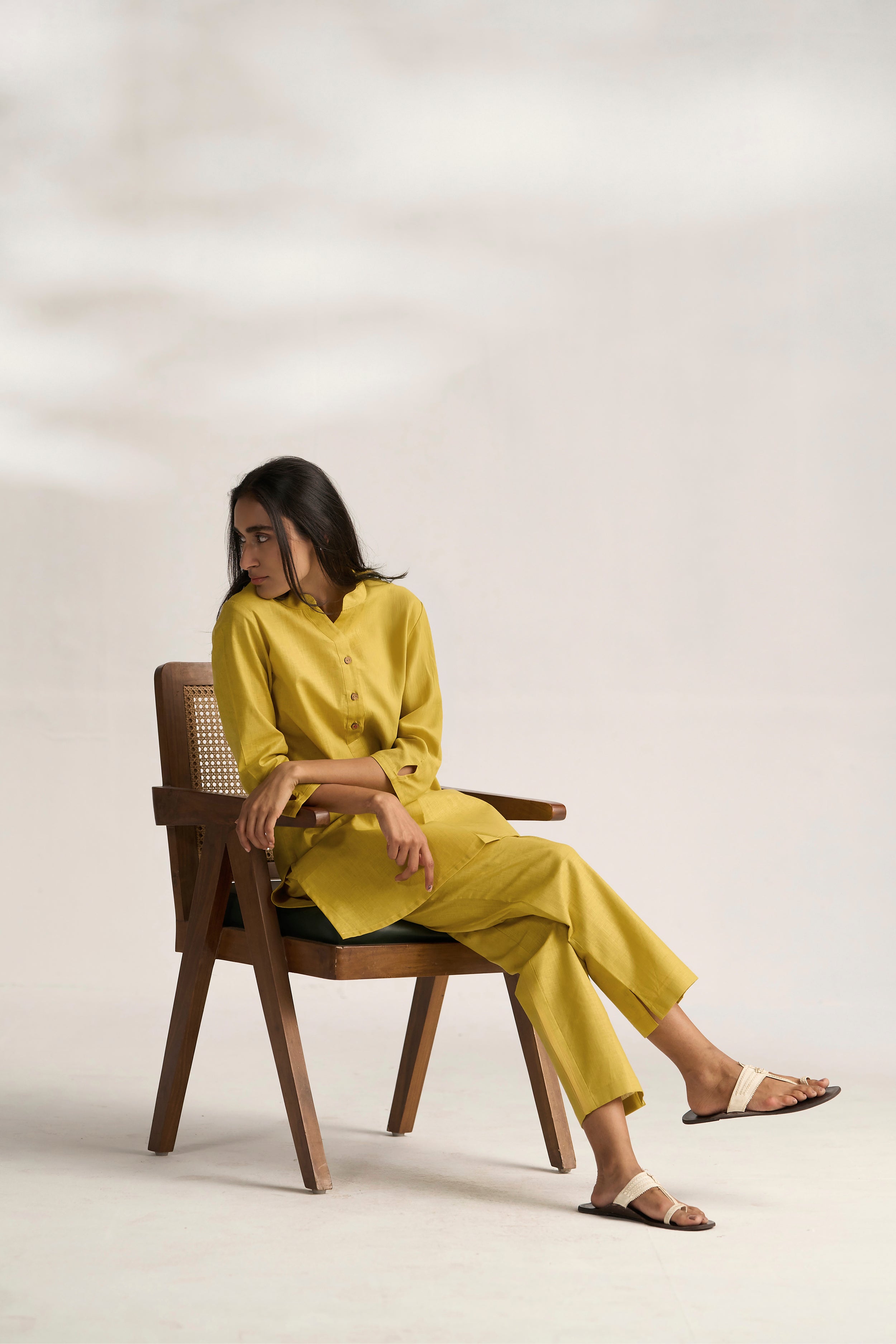 Yellow Cotton Linen Plain Co-ord Set with Buttoning Details