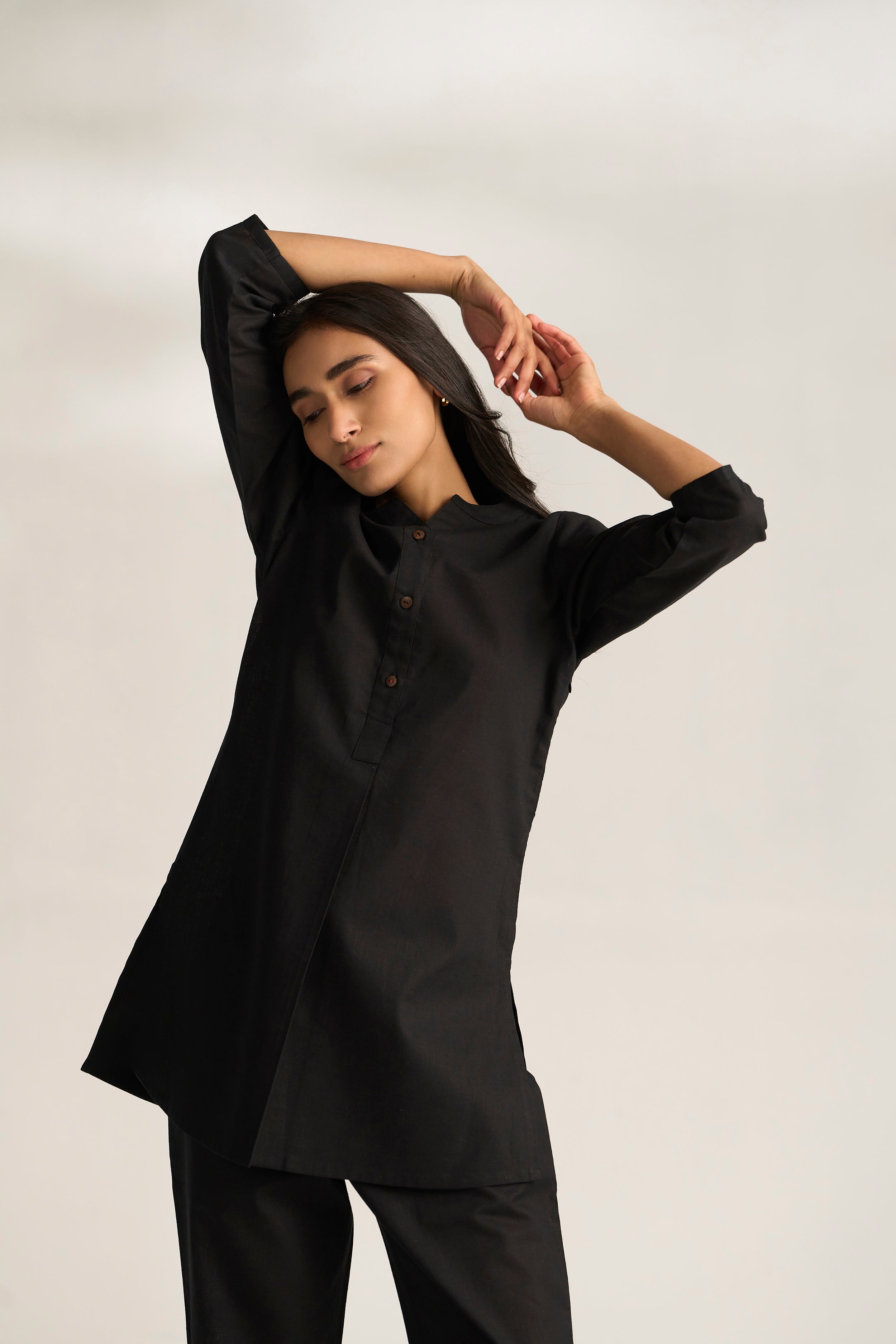 Black Cotton Linen Plain Co-ord Set with Buttoning Details