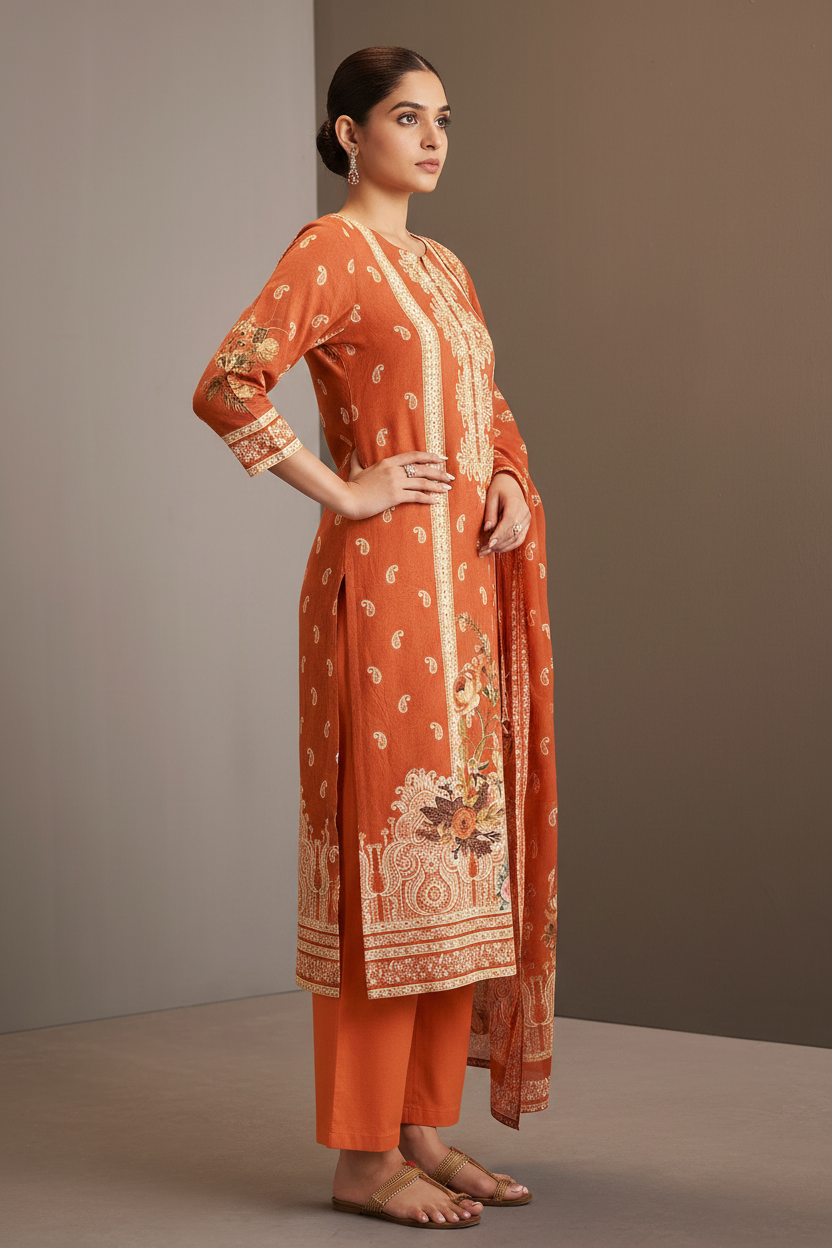 Rust Amber Cotton Linen Digital Printed Kurta Set