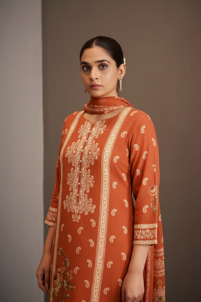 Rust Amber Cotton Linen Digital Printed Kurta Set