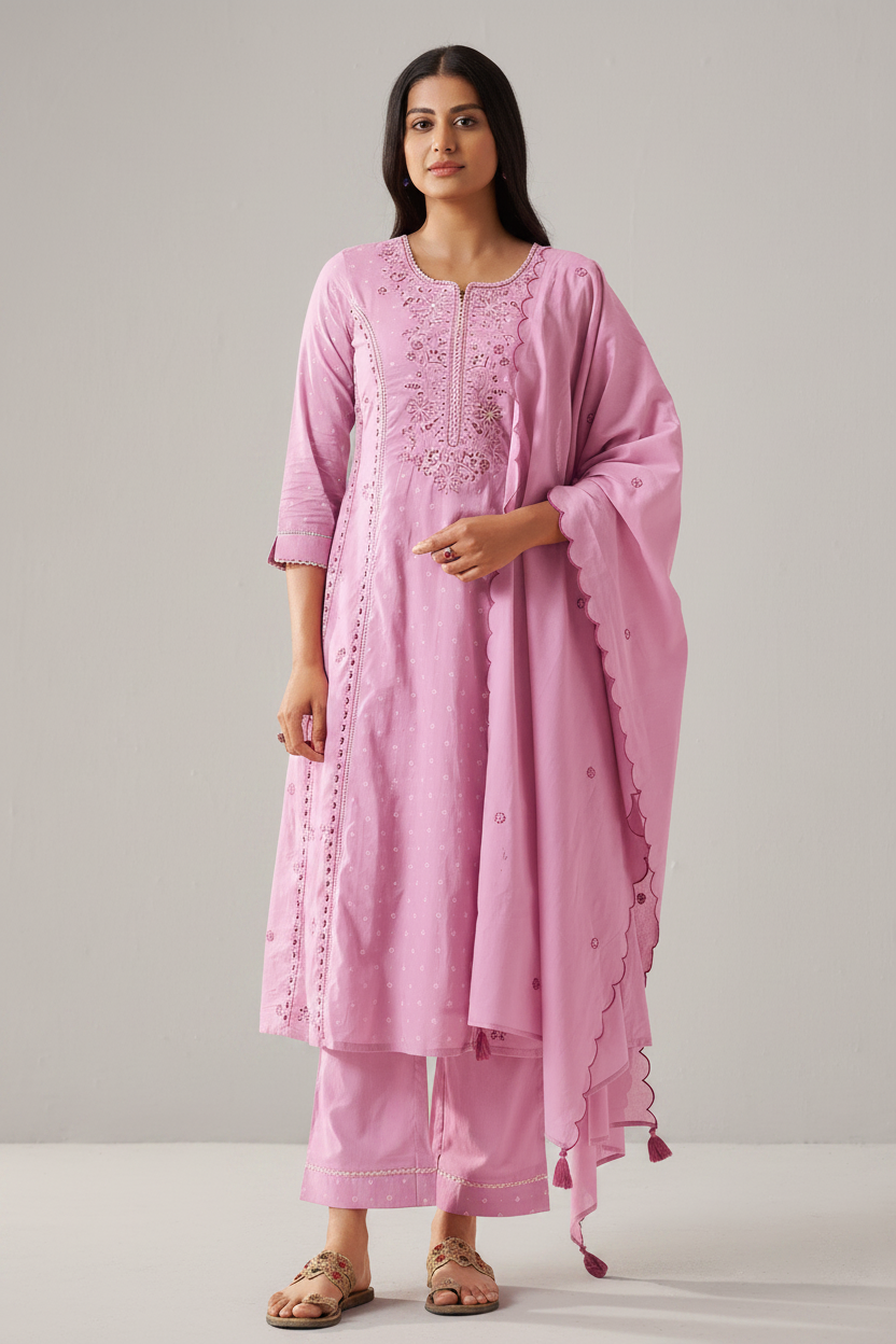 Lilac Blush Table Print Embroidered Kurta Set
