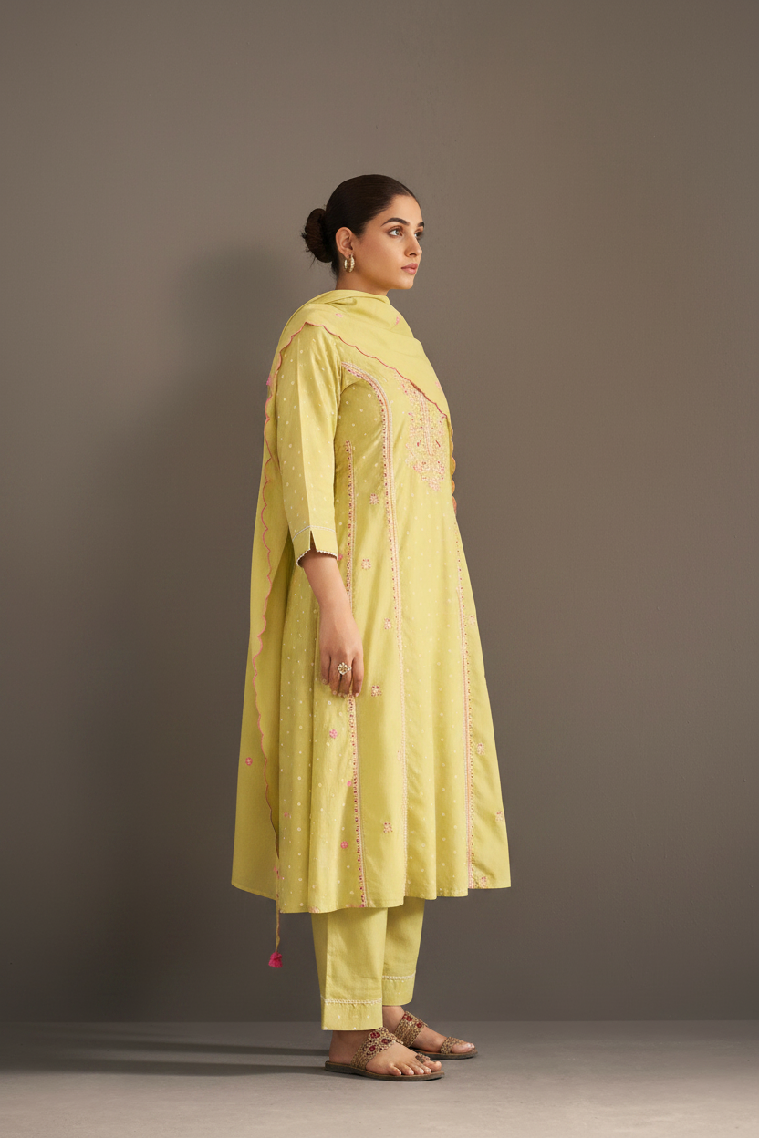 Lime Sorbet Table Print Embroidered Kurta Set