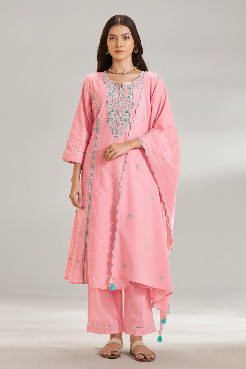 Rosy Flamingo Table Print Embroidered Kurta Set
