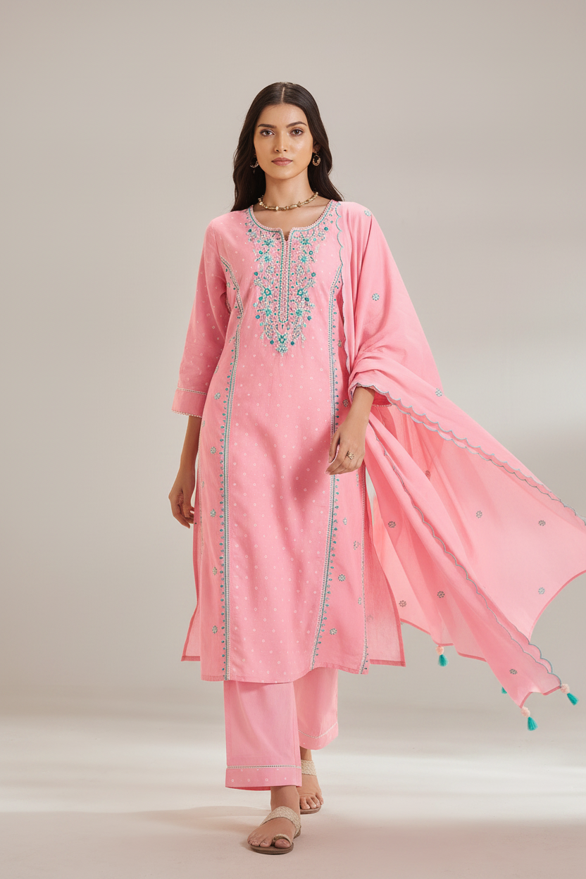 Rosy Flamingo Table Print Embroidered Kurta Set