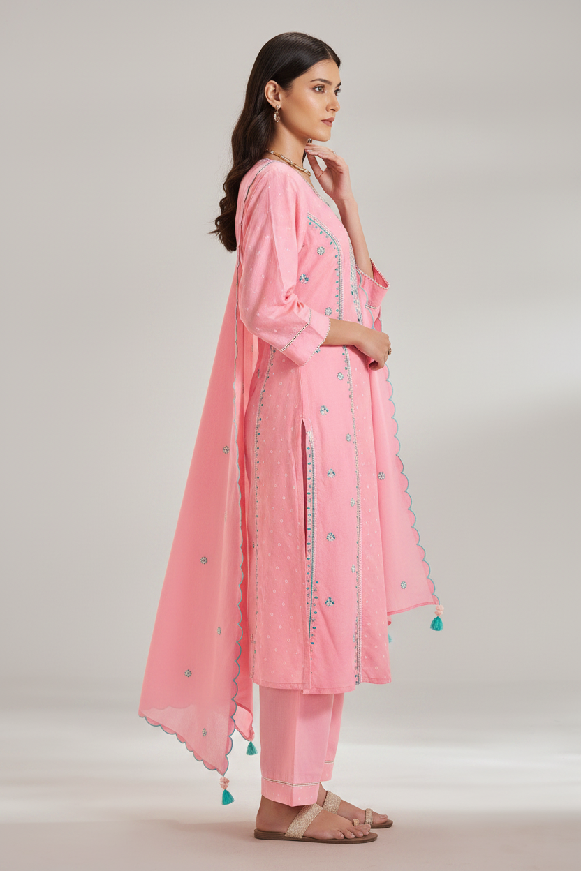 Rosy Flamingo Table Print Embroidered Kurta Set