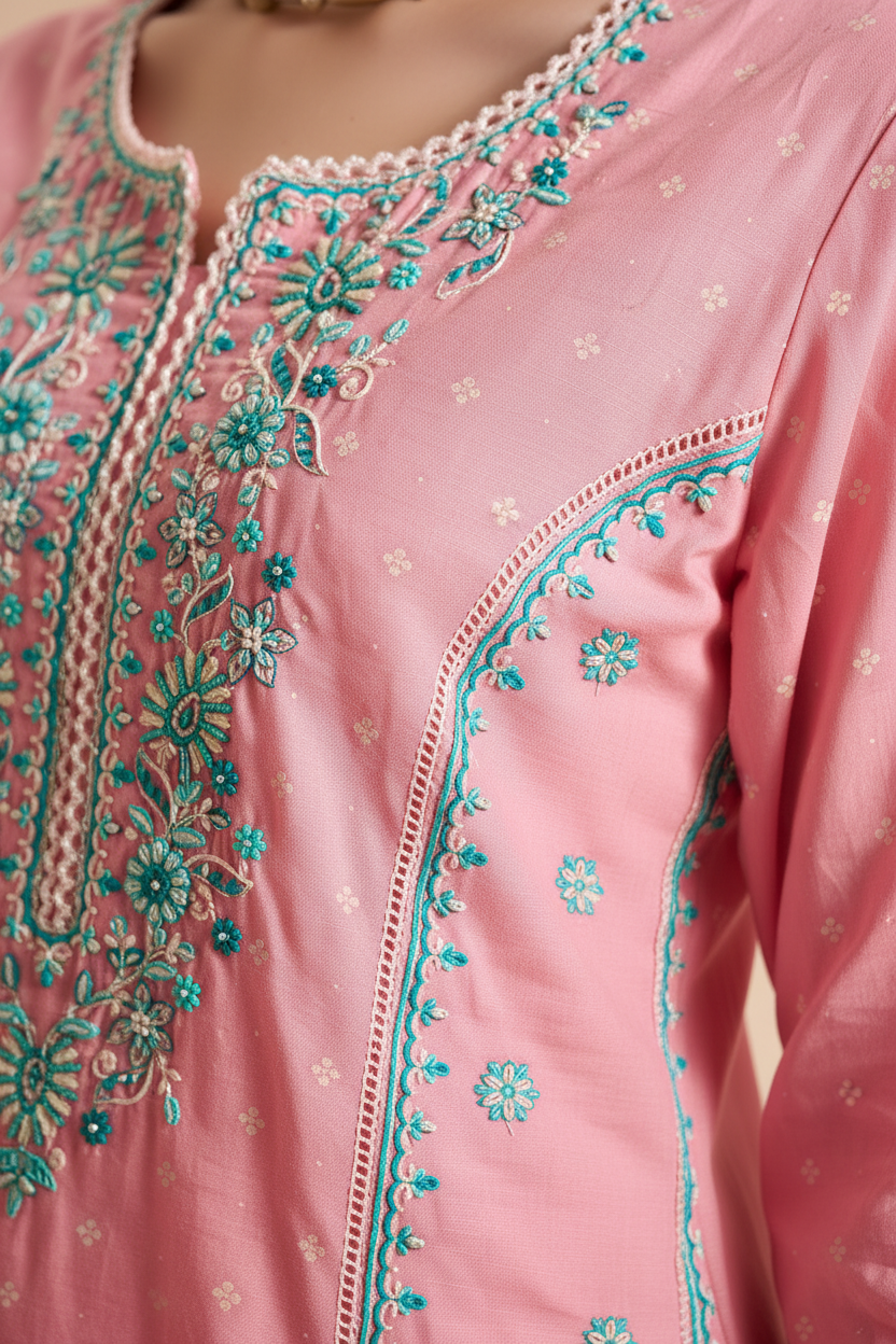 Rosy Flamingo Table Print Embroidered Kurta Set