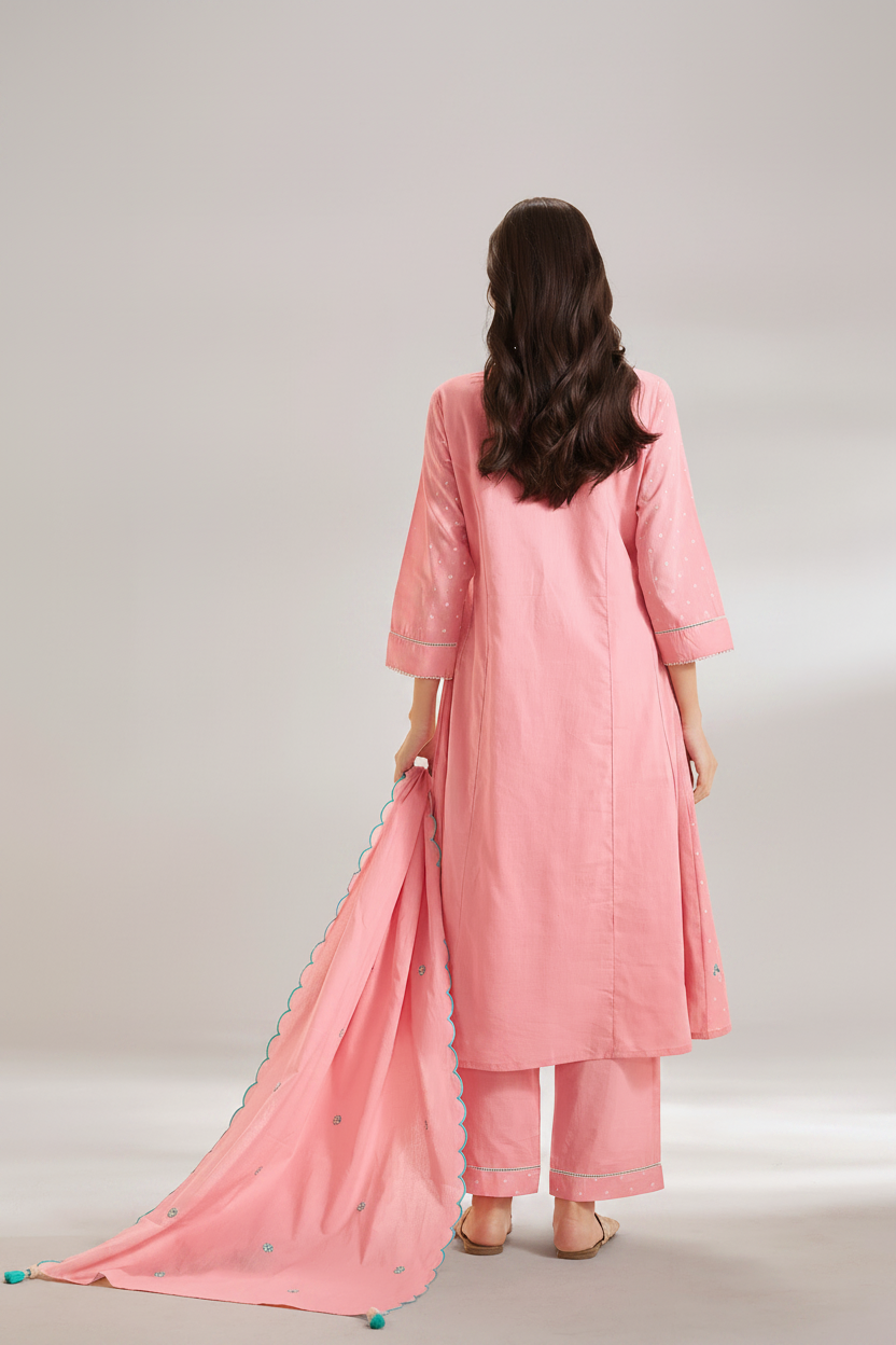 Rosy Flamingo Table Print Embroidered Kurta Set