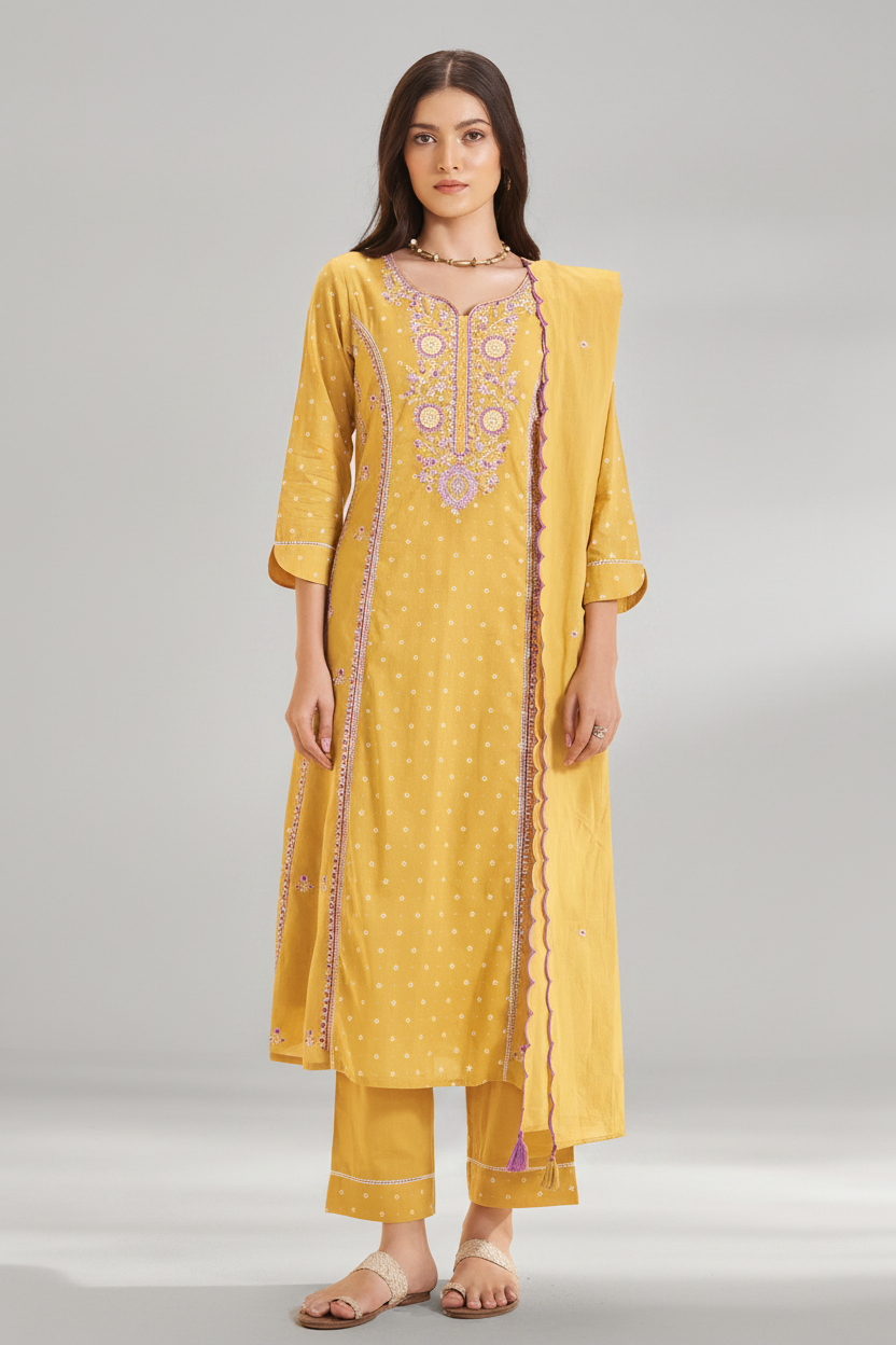 Golden Mimosa Table Print Embroidered Kurta Set
