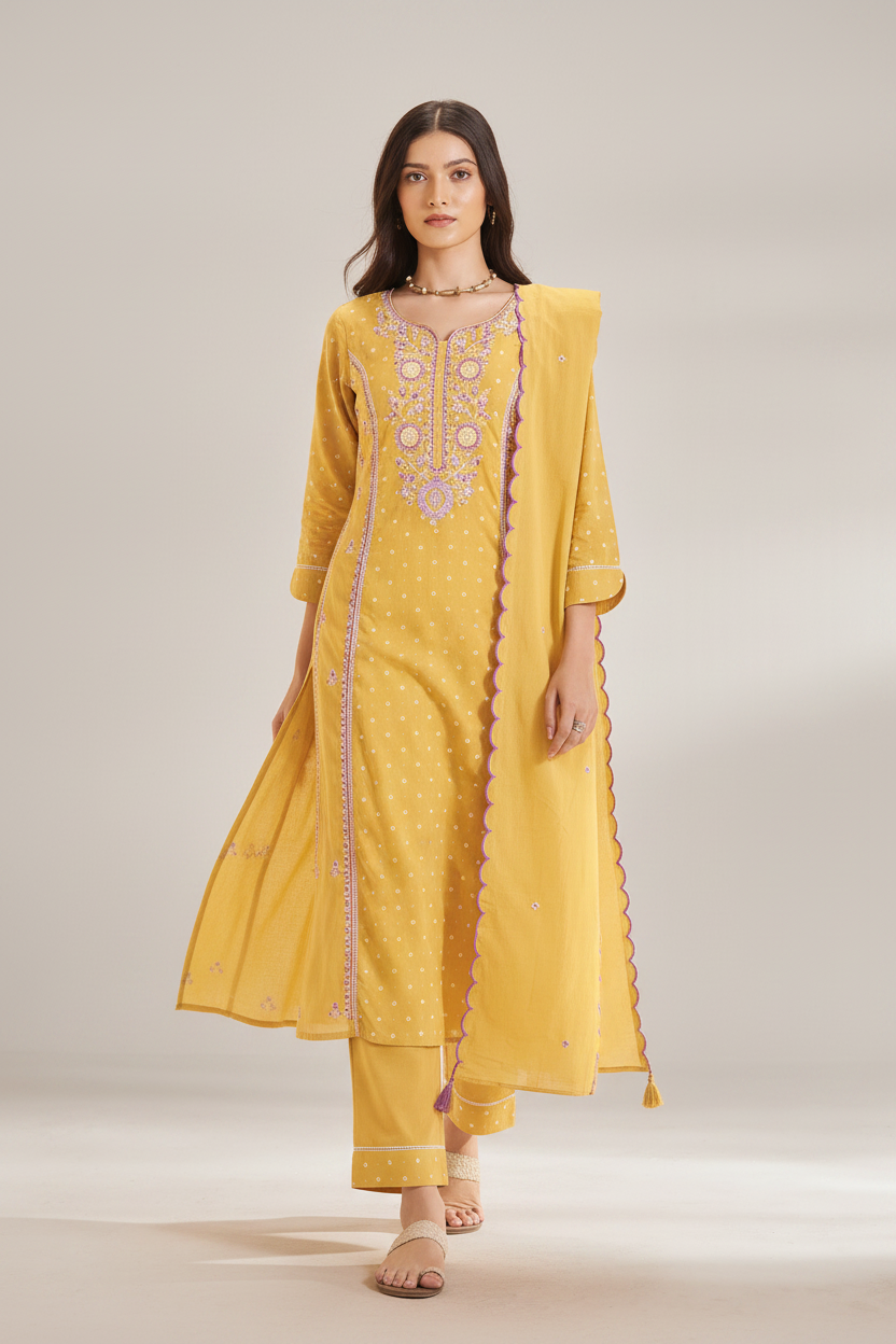 Golden Mimosa Table Print Embroidered Kurta Set