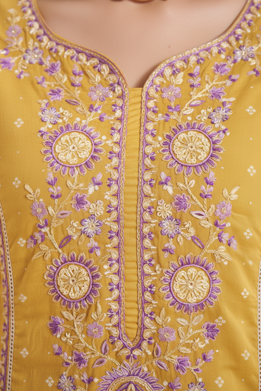Golden Mimosa Table Print Embroidered Kurta Set
