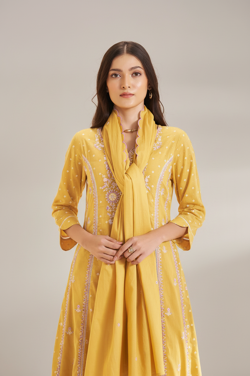 Golden Mimosa Table Print Embroidered Kurta Set